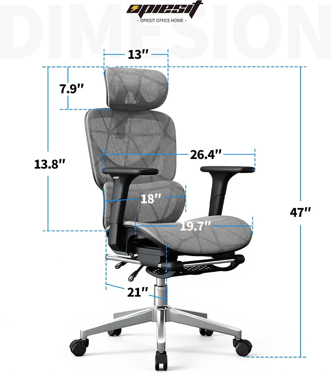 Opiesit Office Chair with 3D Adjustable Lumbar Support,Ergonomic Computer Chair,Adjustable Headrest and Armrests, 400lbs Capacity,Tilt-Swivel,Premium Mesh Desk Chair for Office,Home & Gaming (Grey)