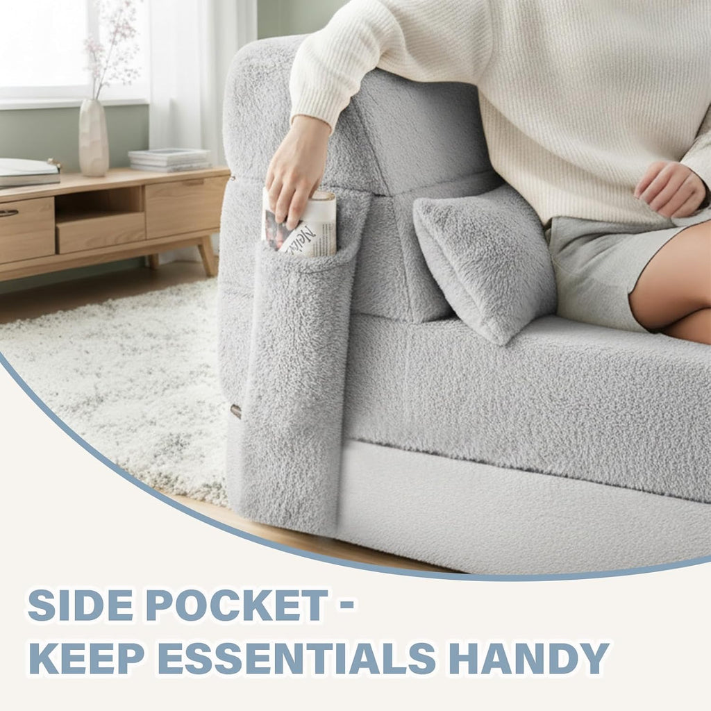 Tiita Convertible Folding Sofa Bed Single Size for Adults with Pillow, Plush Fabric Floor Mattress Couch Bed, Washable Cover & Side Pocket, Guest Room, Dorm, Apartment, Living Room, White Gray