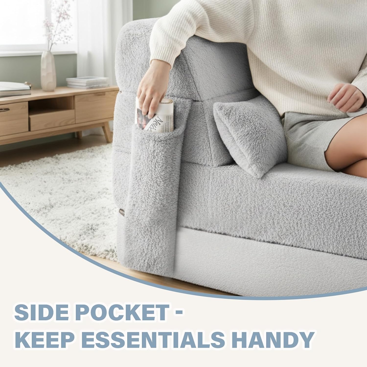 Tiita Convertible Folding Sofa Bed Single Size for Adults with Pillow, Plush Fabric Floor Mattress Couch Bed, Washable Cover & Side Pocket, Guest Room, Dorm, Apartment, Living Room, White Gray