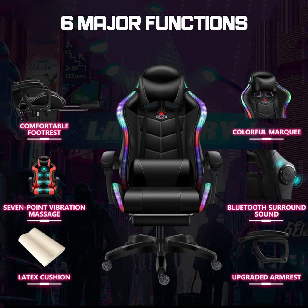 Video Game Chairs with Footrest,Gaming Chair with Bluetooth Speakers - Lumbar Support Ergonomic High Back Computer Chair 60° Swivel RGB Gaming Racing Chair for Gaming,Pink