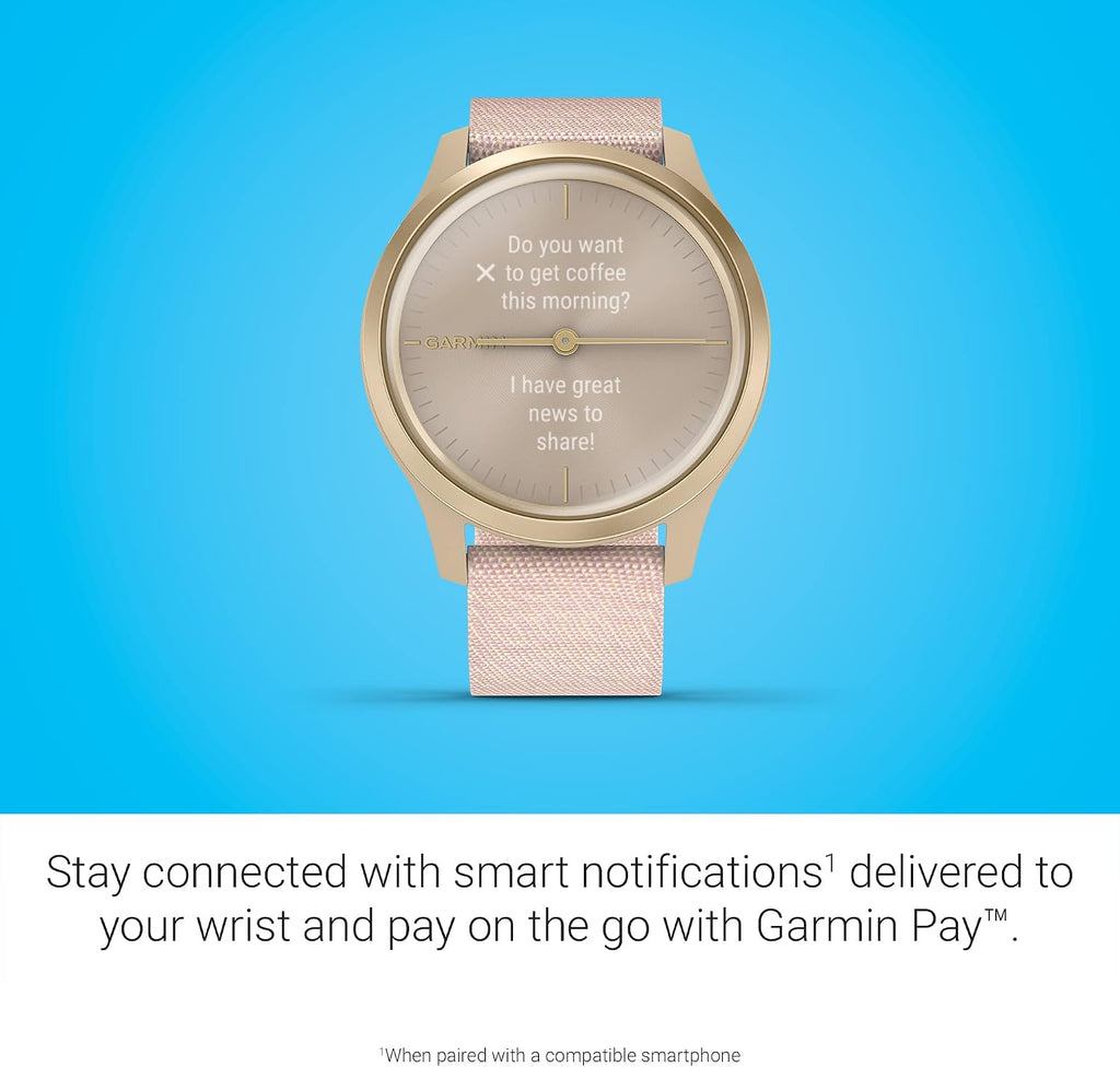 Garmin vivomove Style, Hybrid Smartwatch with Real Watch Hands and Hidden Color Touchscreen Displays, Gold with Pink Woven Nylon Band