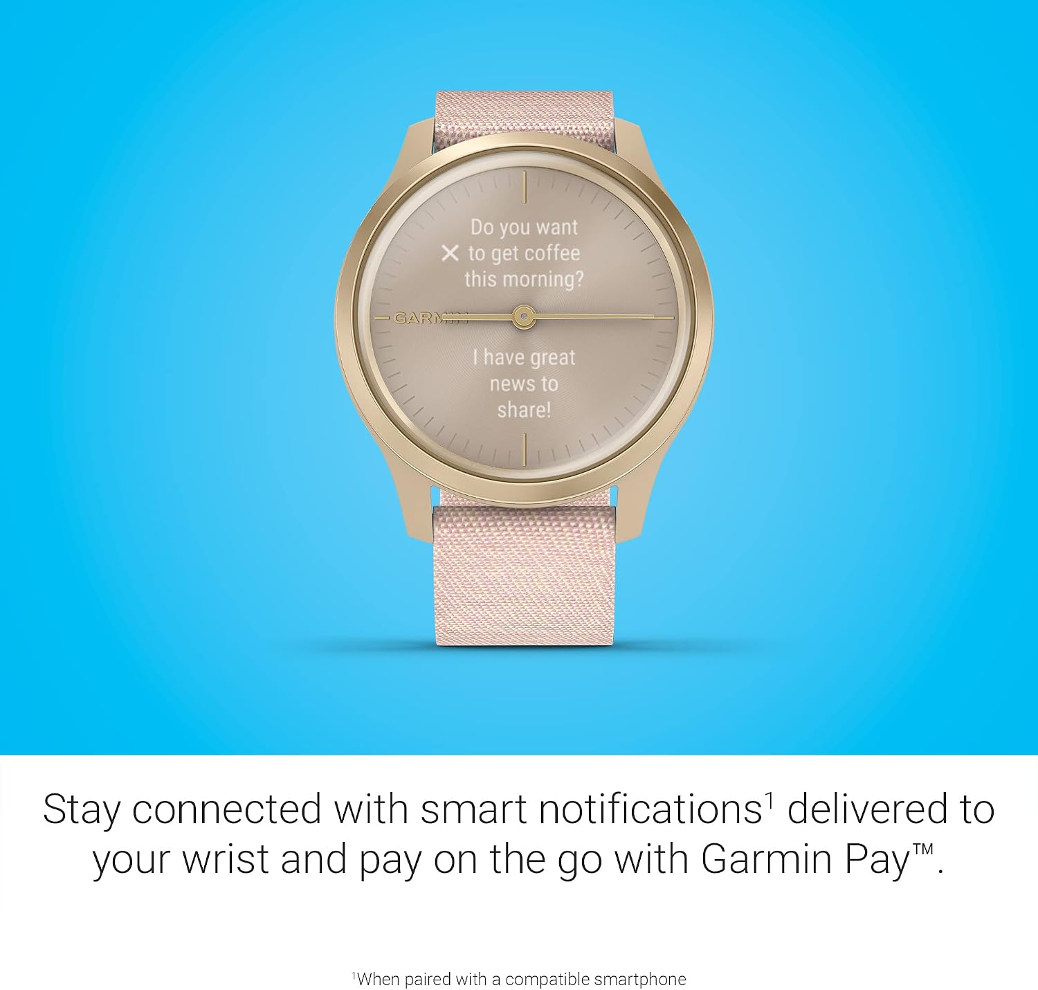 Garmin vivomove Style, Hybrid Smartwatch with Real Watch Hands and Hidden Color Touchscreen Displays, Gold with Pink Woven Nylon Band