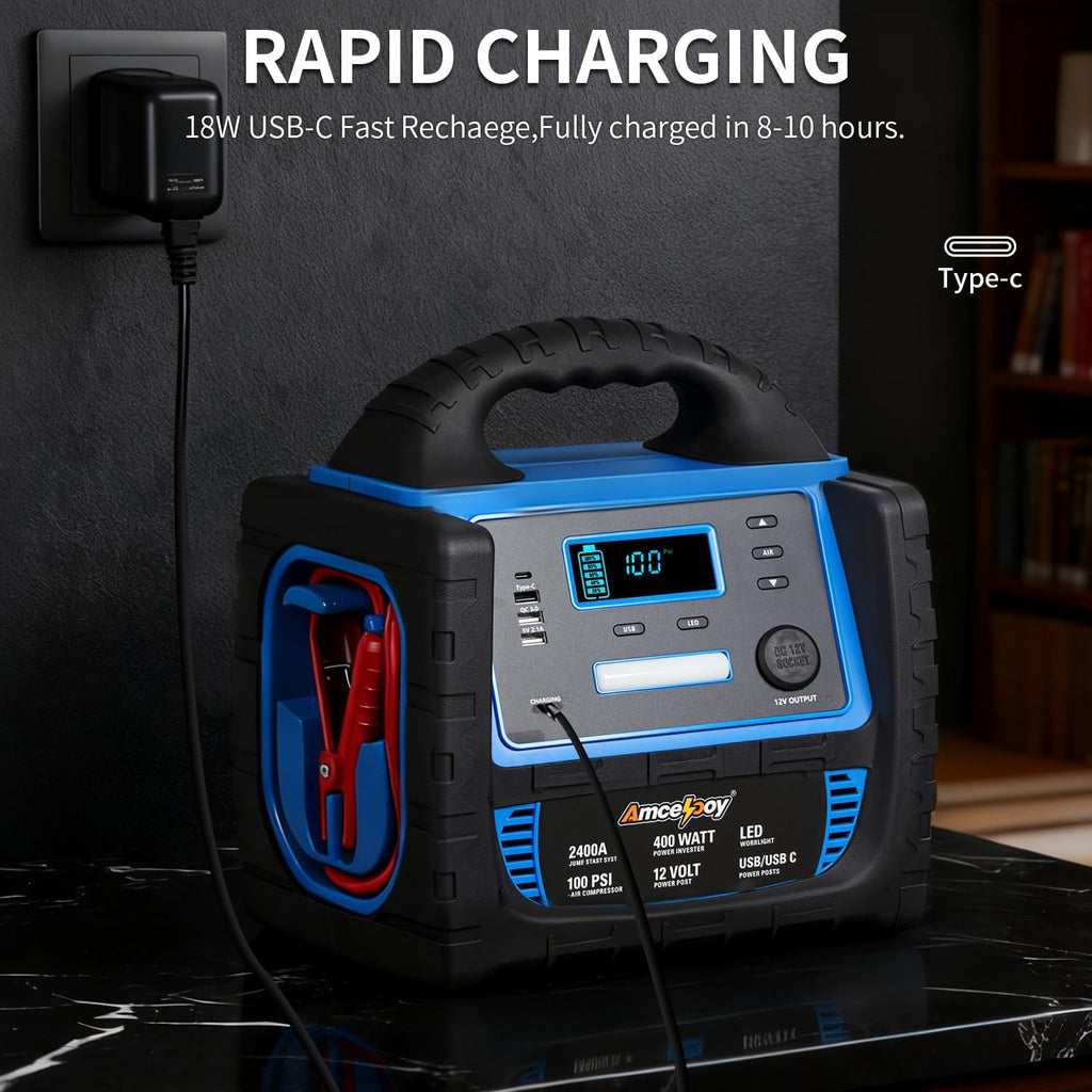 2400A Car Battery Jump Starter and Portable Power Station – Starts 8.0L Gas & 8.0L Diesel – 6-in-1 Jump Starter with Air Compressor 100 PSI Tire Inflator – 400 Watt Inverter AC/DC/USB Outlets