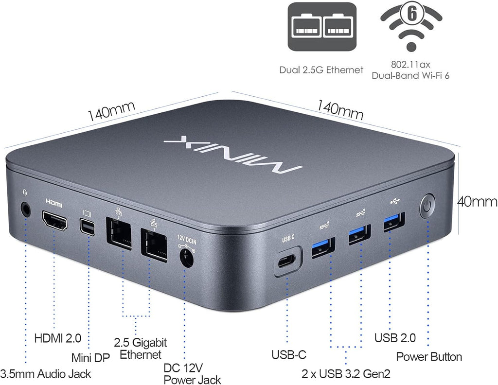MINIX NEO J51-C8 Max Mini Computer, 8GB/512GB M.2 PCIe NVMe SSD Windows 11 Pro, Aluminum/Wi-Fi6/Dual 2.5GB LAN/USB-C/Triple Display/4K/Auto Power On/PXE Boot/RTC/Vesa Mount