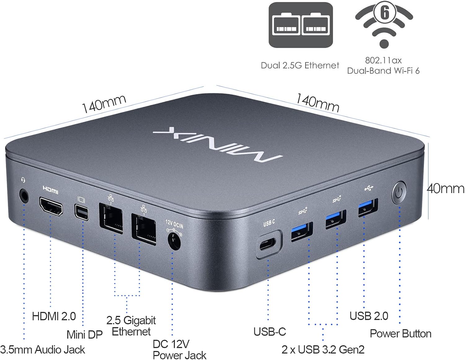 MINIX NEO J51-C8 Max Mini Computer, 8GB/512GB M.2 PCIe NVMe SSD Windows 11 Pro, Aluminum/Wi-Fi6/Dual 2.5GB LAN/USB-C/Triple Display/4K/Auto Power On/PXE Boot/RTC/Vesa Mount