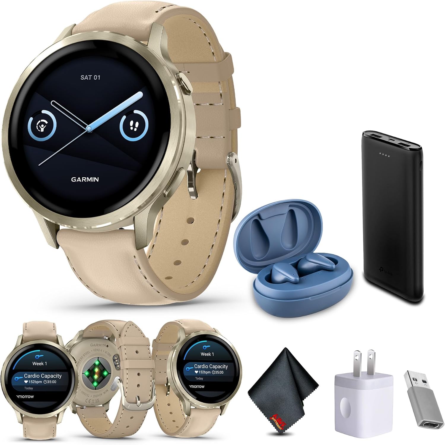 Garmin Venu 4, 41mm, Advanced Fitness and Multisport GPS Smartwatch, 1.2' AMOLED Display, Built-in Flashlight, 10 Days of Battery Life, Lunar Gold with Light Sand Leather Band