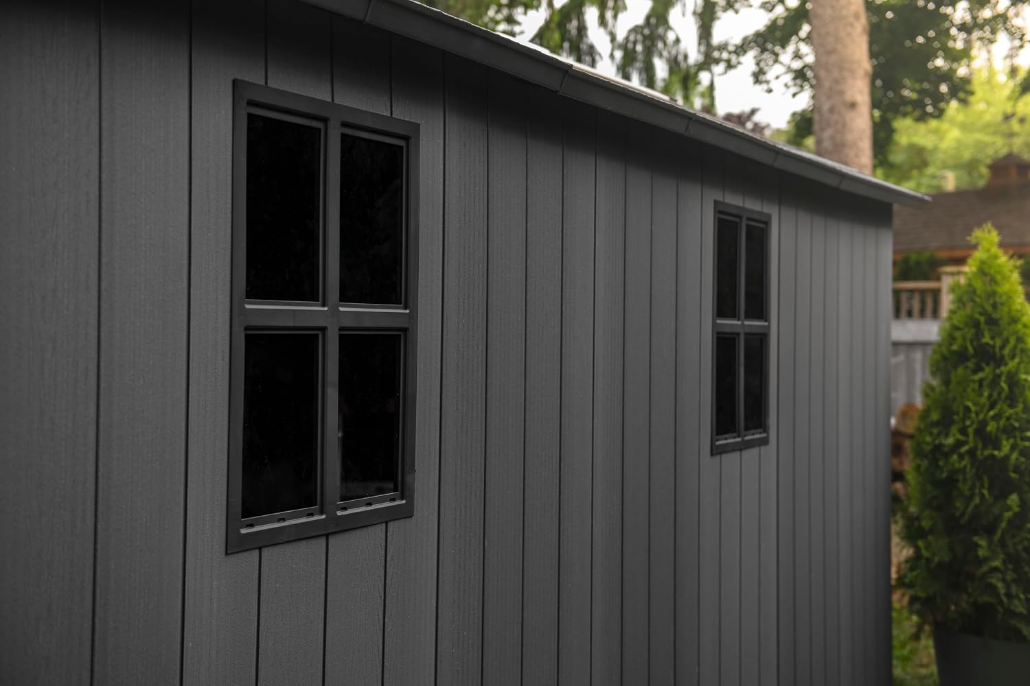 Keter Newton Plus 7.5x17 Ft All-Weather Storage Shed with Skylight, Window, Built-in Ventilation, Customizable Walls, & Lockable Double Doors, Graphite