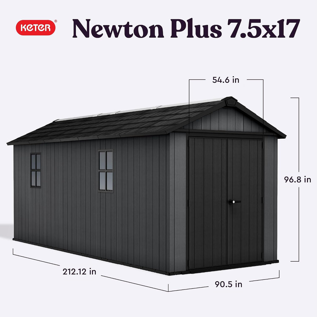 Keter Newton Plus 7.5x17 Ft All-Weather Storage Shed with Skylight, Window, Built-in Ventilation, Customizable Walls, & Lockable Double Doors, Graphite