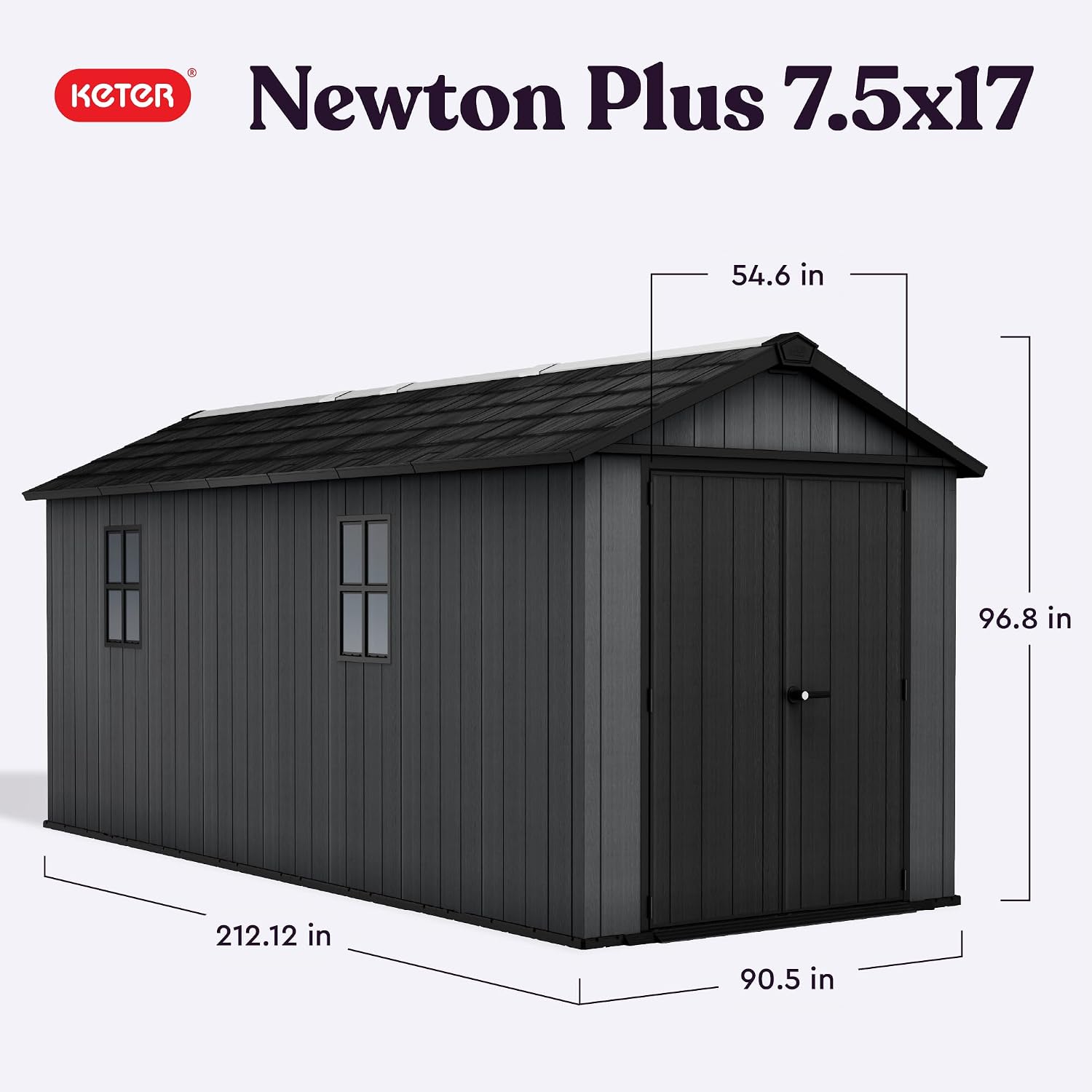 Keter Newton Plus 7.5x17 Ft All-Weather Storage Shed with Skylight, Window, Built-in Ventilation, Customizable Walls, & Lockable Double Doors, Graphite
