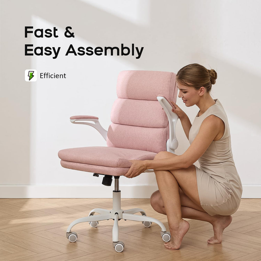 amseatec Office Chair Adjustable Desk Chair Mid Back Executive Comfortable Fabric Ergonomic Back Support Home Computer Chair with Padded Flip-up Armrest Swivel Wheels (Pink)