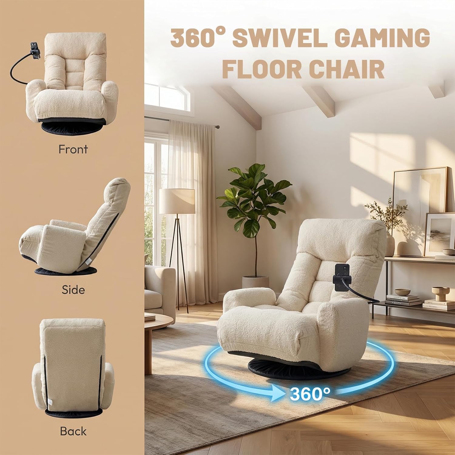 Cozy Gaming Chair Floor Sofa, 360° Swivel Gaming Lounge Chair with Adjustable Backrest & Armrests, Game Chair w/Phone Holder & Side Pocket, Teddy Fluffy Recliner for Bedroom Living Room Dorm (Beige)