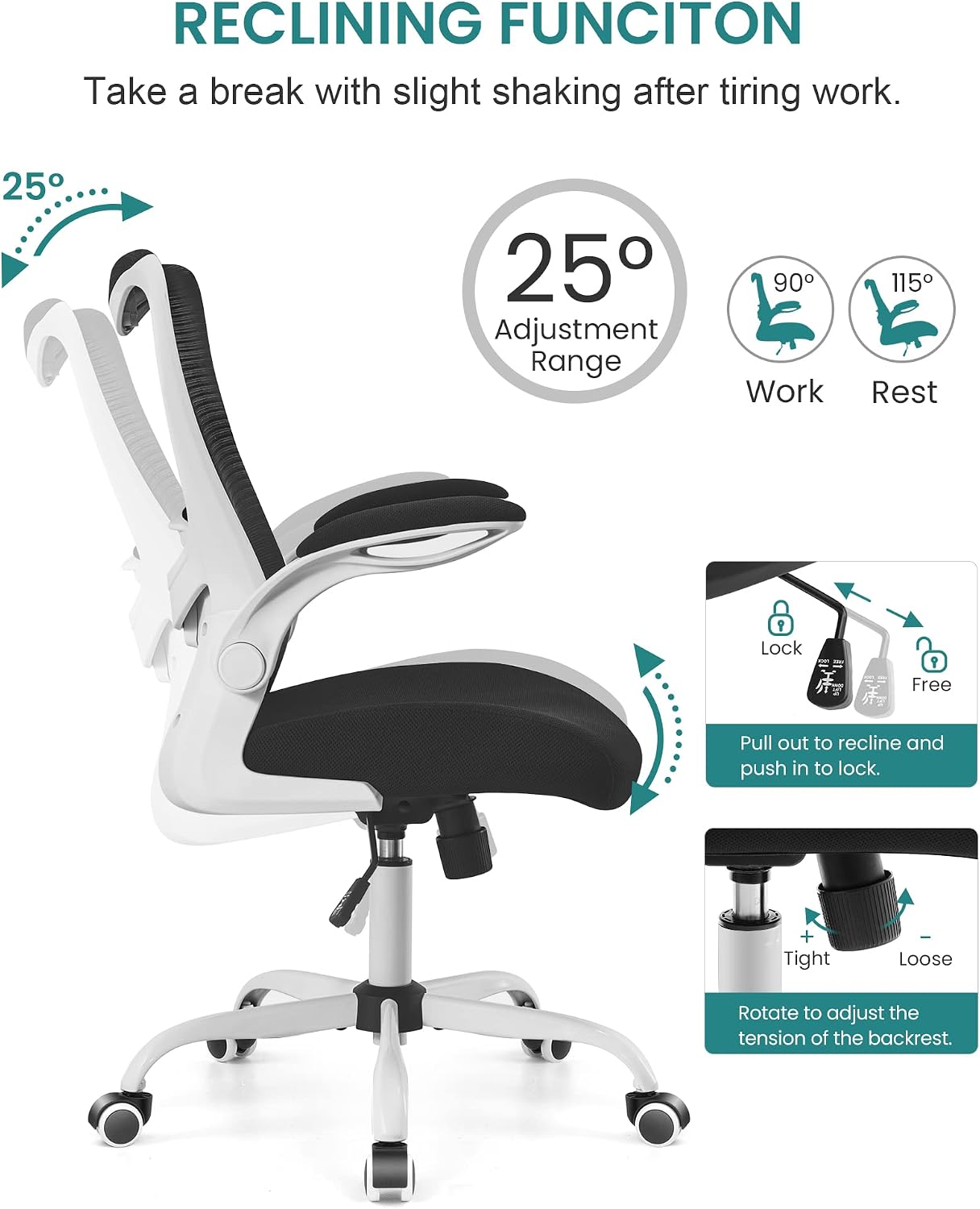MUXX.STIL Office Chair, Ergonomic Desk Chair with Adjustable Lumbar Support and Flip up Armrest, Breathable Mesh Computer Chair for Home Office, White