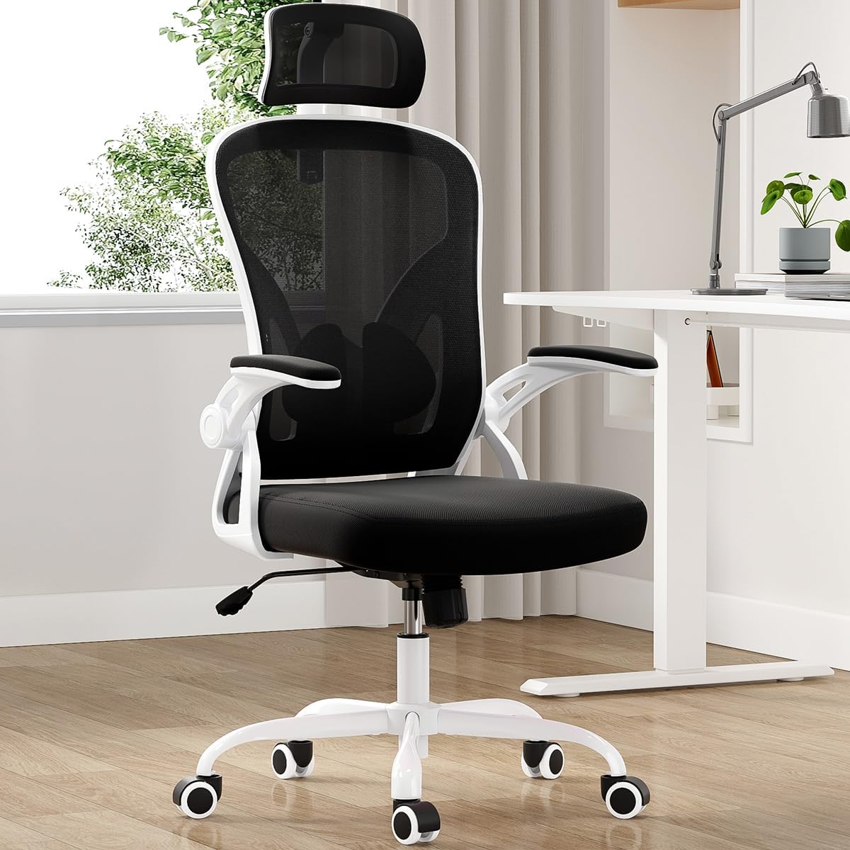 Farini Ergonomic Office Chair, Home Office Desk Chair with Headrest, High Back Swivel Computer Chair with Armrests and Adjustable Lumbar Support for Home Office Study Room, White & Black