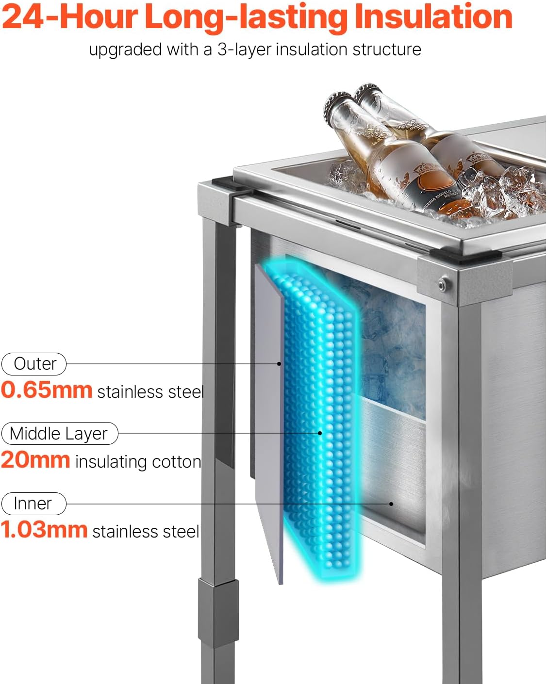 VEVOR Commercial Ice Bin, Underbar Ice Bin, Stainless Steel Ice Chest with Sliding Lid, Bottle Holders, Adjustable Bullet Feet, Cooler Cart Cocktail Unit for Bar Restaurant Pub
