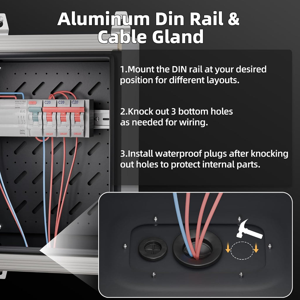 Joinfworld Outdoor Electrical Metal Box 15.7' x 11.8' x 7.8' Weatherproof Outdoor Junction NEMA Enclosure Box with Lock Din Rail Cable Gland