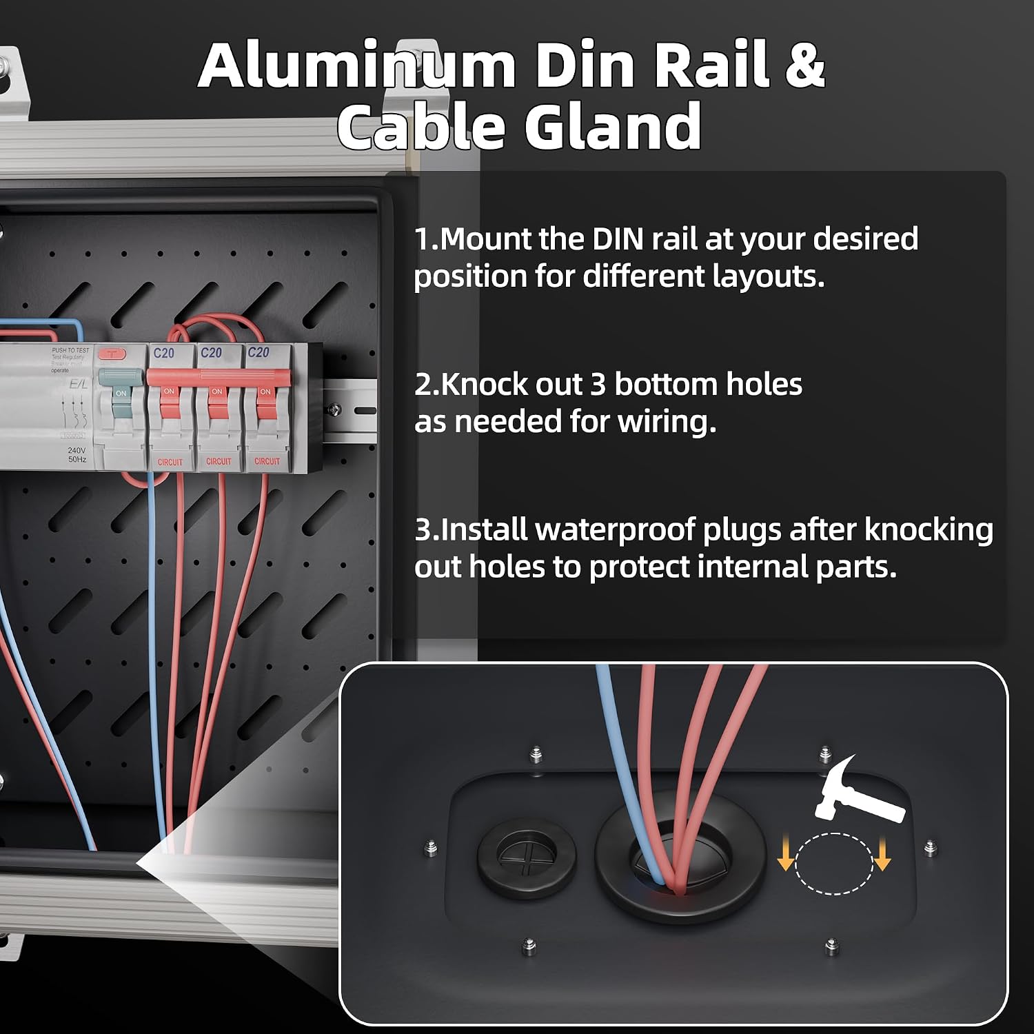 Joinfworld Outdoor Electrical Metal Box 15.7' x 11.8' x 7.8' Weatherproof Outdoor Junction NEMA Enclosure Box with Lock Din Rail Cable Gland