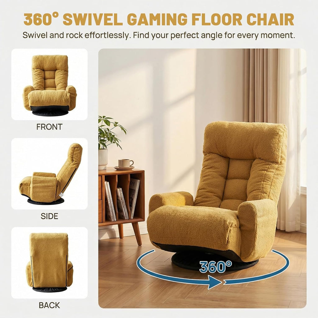 360° Swivel Floor Gaming Chair Yellow Teddy Folding Chaise Lounge Chair Adjustable Comfy Sofa Chair with Armrests, Phone Holder & Padded Cushion, Ideal for Living Room, Bedroom