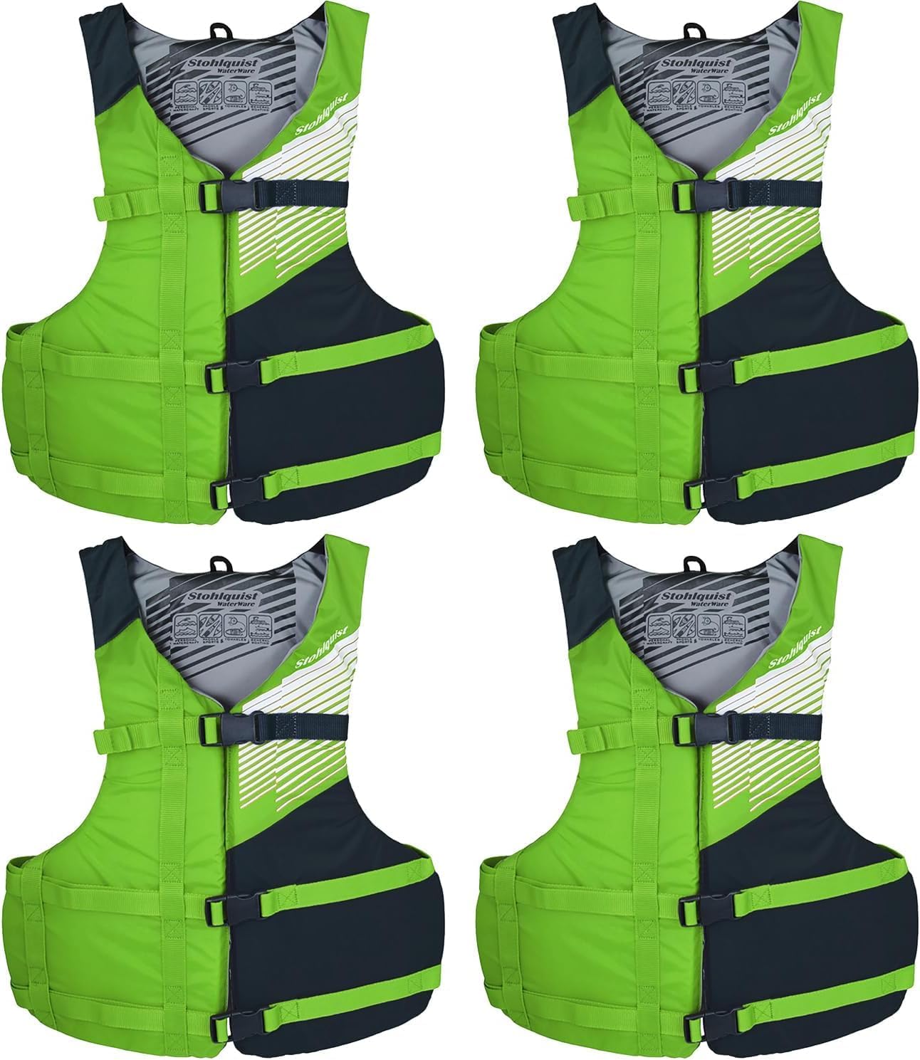 Stohlquist Universal Fit Adult Life Jacket PFD (4 Pack) Coast Guard Approved, for Men and Women 90+ lbs, Lightweight Neoprene and Adjustable, Ideal for Boating, Kayaking & Water Sports