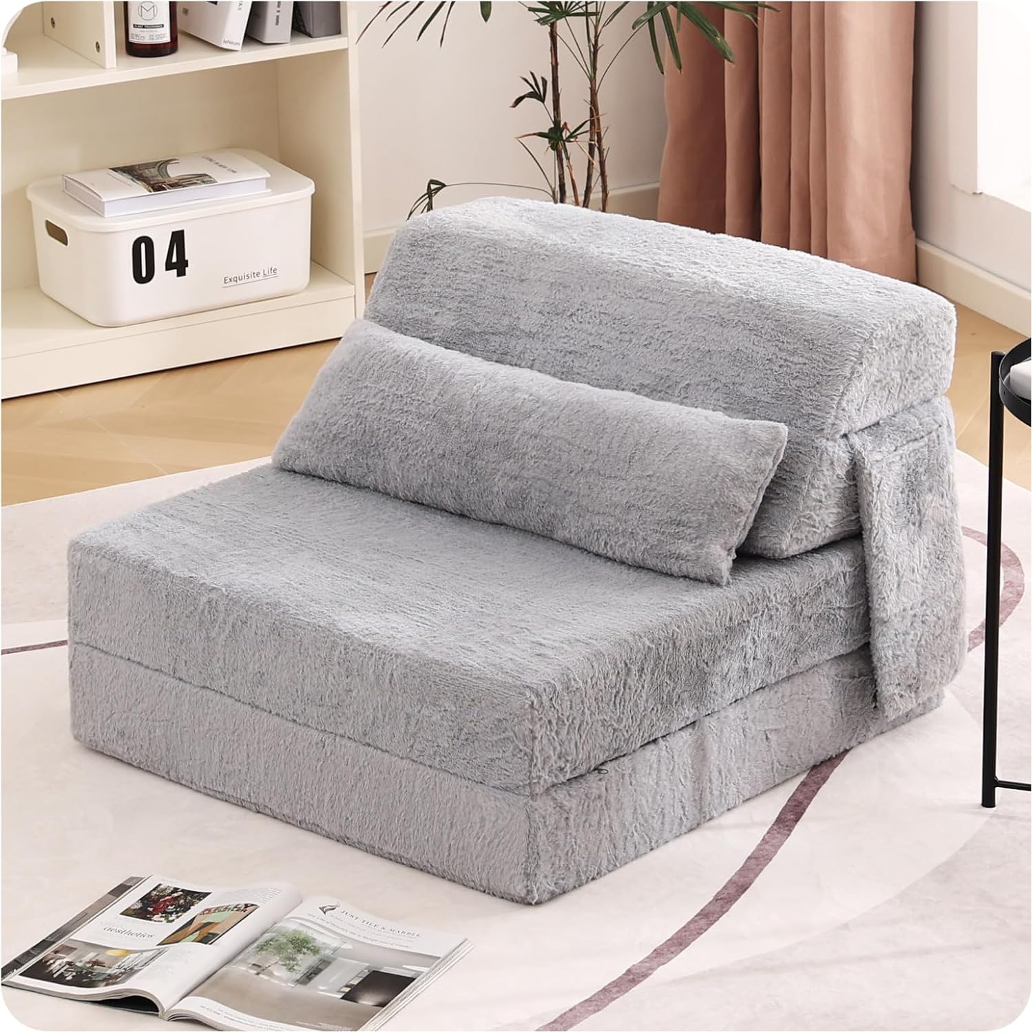 Tiita Convertible Folding Sofa Bed Single Size for Adults with Pillow, Plush Fabric Floor Mattress Couch Bed, Washable Cover & Side Pocket, Guest Room, Dorm, Apartment, Living Room, White Gray