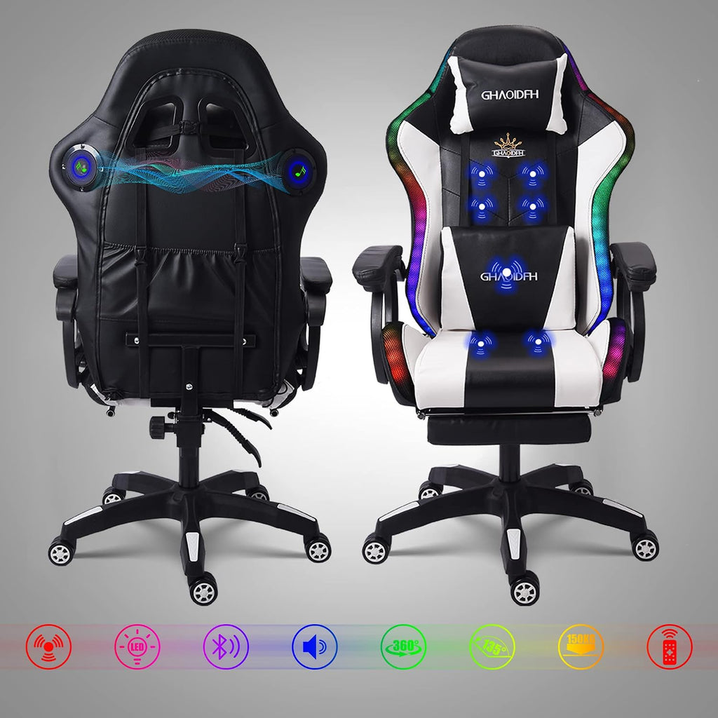 Gaming Chair with Speakers and LED Lights, Ergonomic Professional Gaming Chair with Lumbar Support, Racing Chair for Adult Teen Game.,White