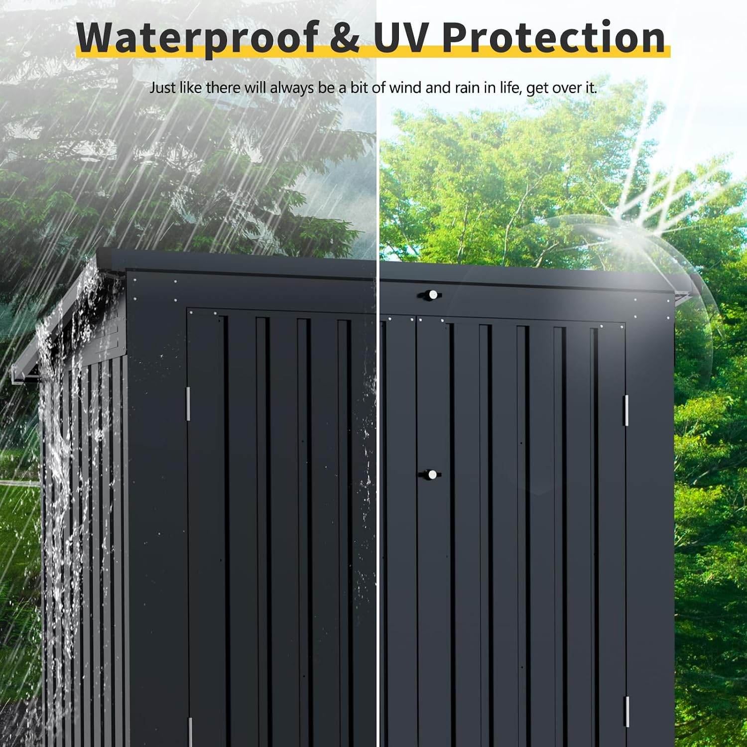 Metal Outdoor Garbage Bin Shed Storage Enclosure for Two 64-Gallon Carts, Lockable Door, Sloped Roof, Waterproof UV-Protected Galvanized Steel Walls, Utility Tool Bike Firewood Pet House Use (Black)
