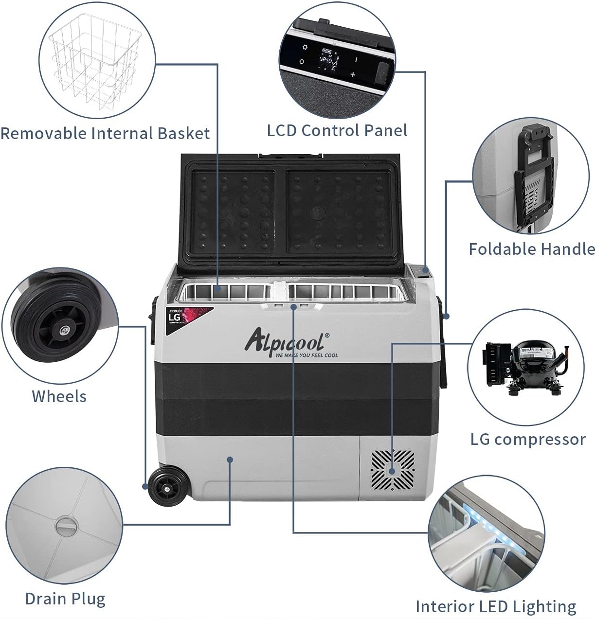 Alpicool LGT60 Dual Temperature Control 12 Volt Refrigerator 63 Quart Portable Car Fridge Freezer (-4°F~68°F) for Truck, RV, Boat, Camping and Travel