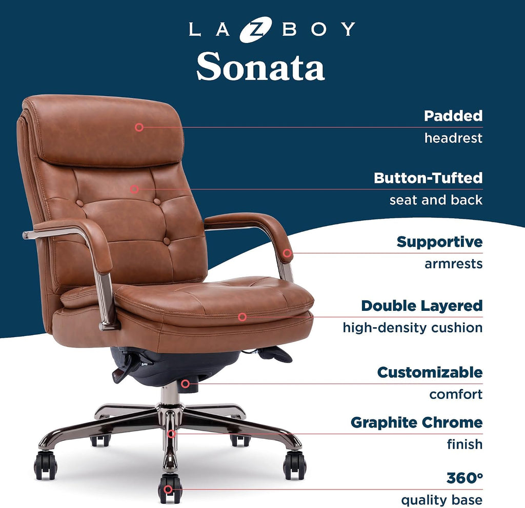 La-Z-Boy Sonata Executive Mid-Back Office Chair, Button-Tufted Seat and Back, Double-Layer Cushion, Padded Armrests, Ergonomic Computer DeskChair, Swivel Metal Base, Bonded Leather, Cognac/Graphite