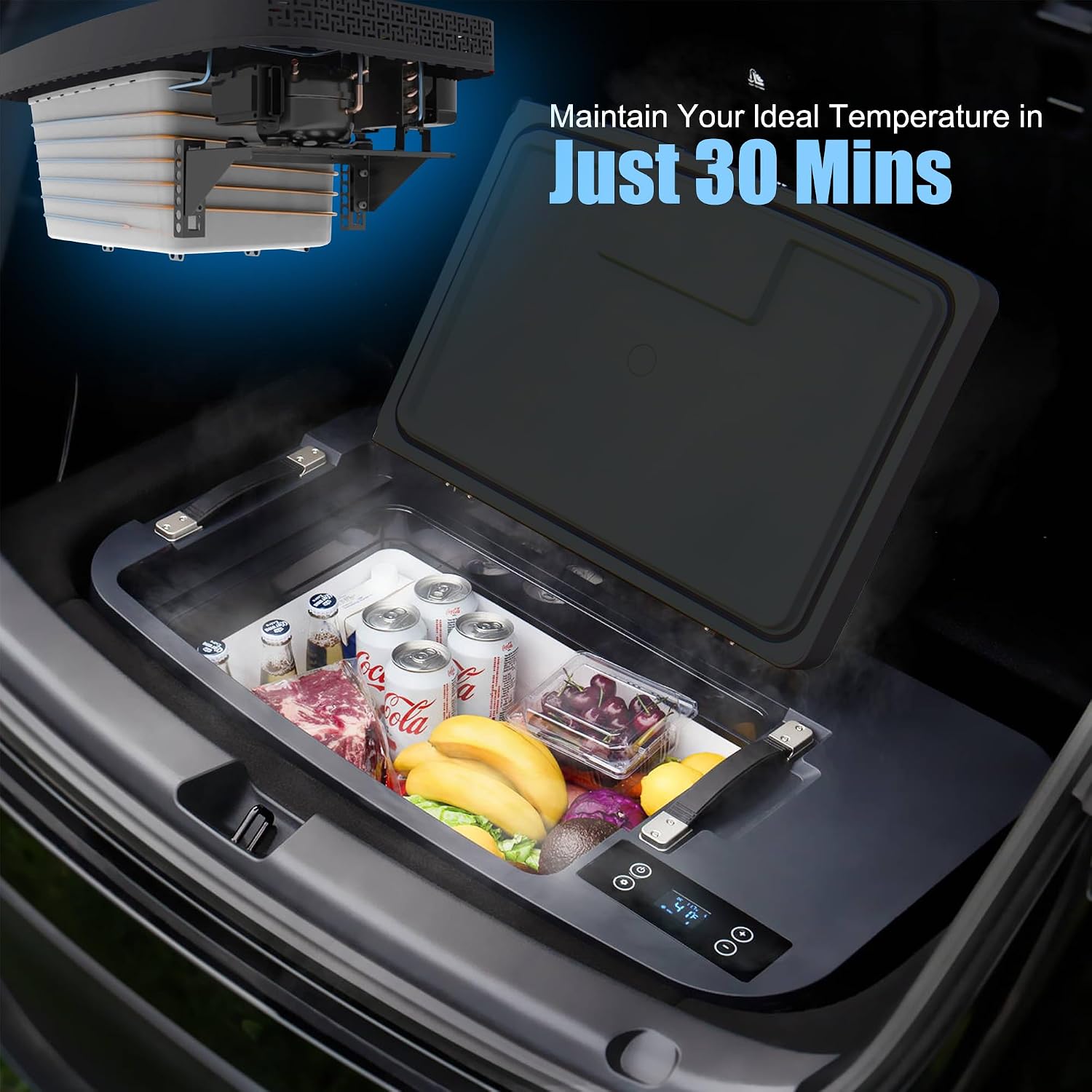 12 Volt Car Refrigerator for Tesla Model Y,Tesfridge 35QT Electric Cooler, 12V Fridge APP Control, Portable Freezer Compressor Cooler including Battery,-4°F to 68°F,for Outdoor,Travel,Camping, Picnic