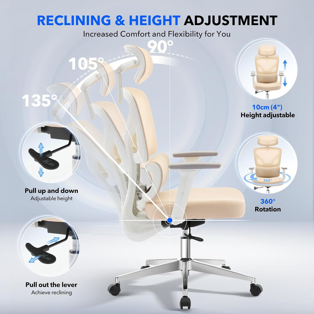 Office Chair Ergonomic Desk Chair - Home Mesh Office Desk Chair with Adjustable Lumbar Support, High-Back Computer Gaming Chair with Headrest 3D Armrests, Rolling Swivel Task Chairs for Home, Office