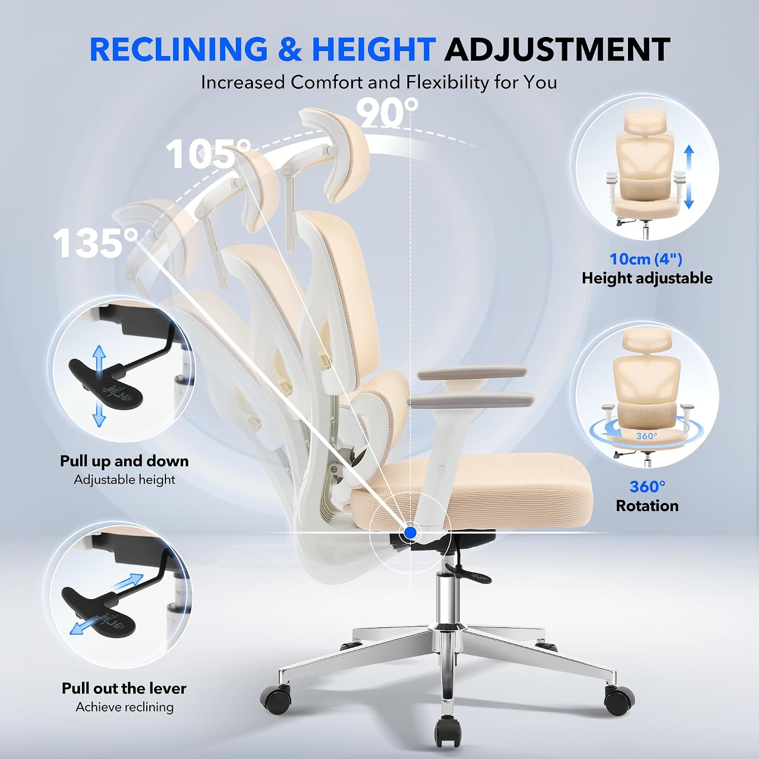 Office Chair Ergonomic Desk Chair - Home Mesh Office Desk Chair with Adjustable Lumbar Support, High-Back Computer Gaming Chair with Headrest 3D Armrests, Rolling Swivel Task Chairs for Home, Office