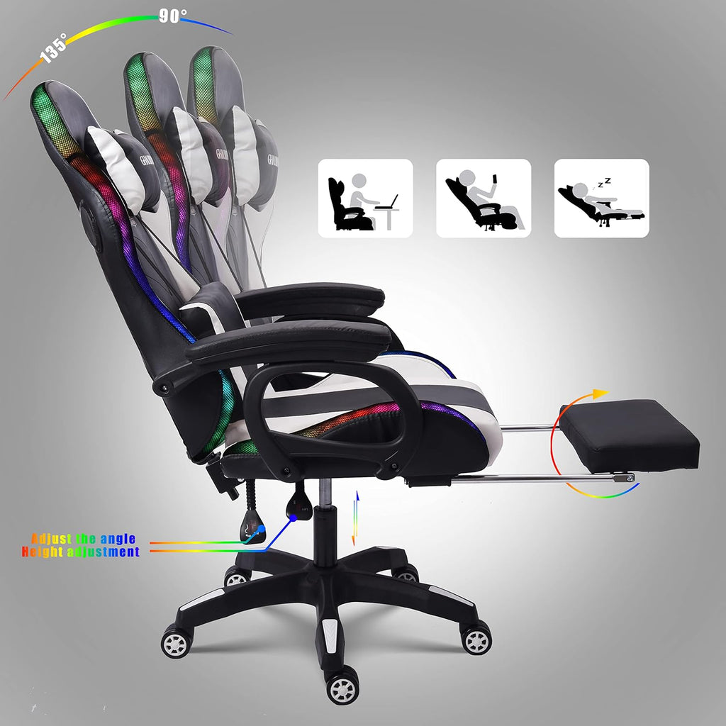 Video Gaming Chair with Speaker and RBG Light, Ergonomic Computer Chair with Massage Function, Comfortable Computer Recliner with Footrest and Lumbar Support,Gaming Chair for Adults Kids.,Whi
