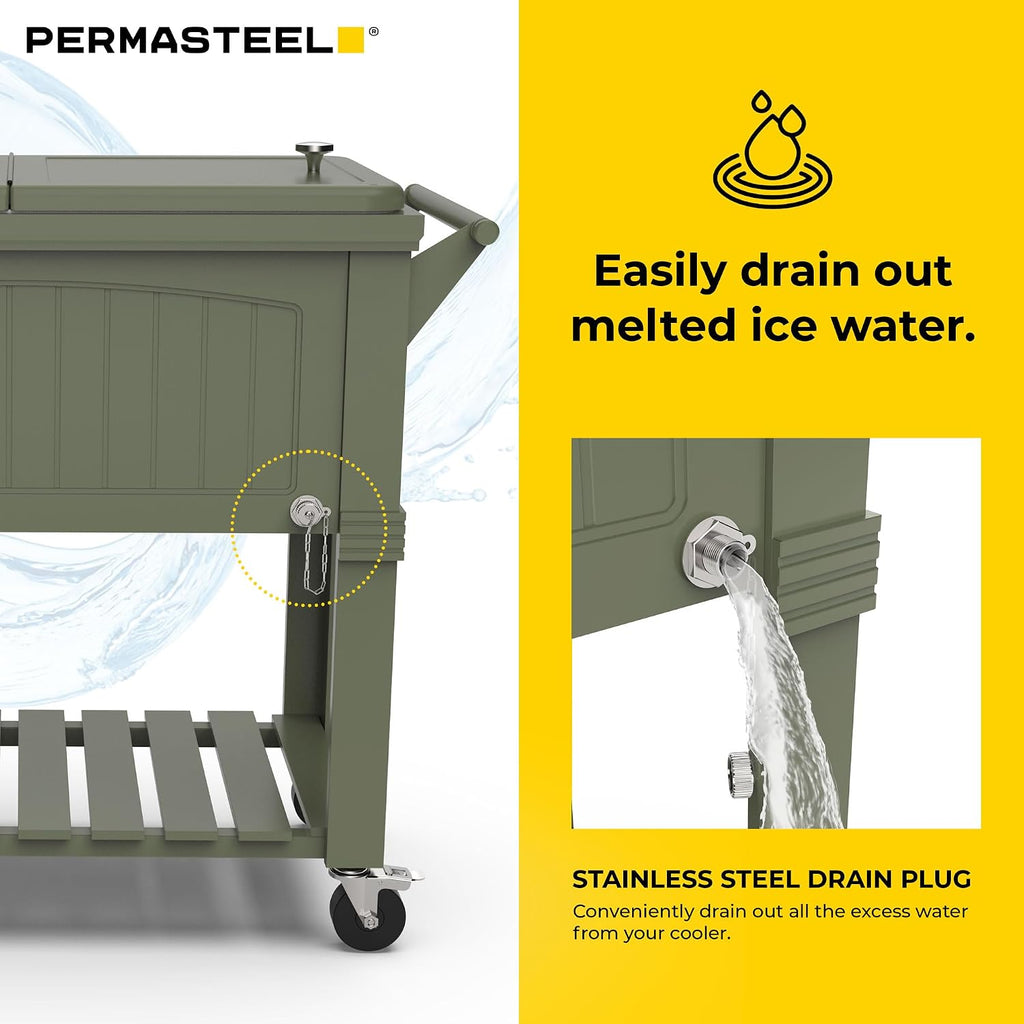 Permasteel Party Cooler with Divider, Spacious 80-Qt Capacity, Chills 36hrs, Serving Tray, Rolling Ice Chest for Indoor and Outdoor Entertainment, Matte Green
