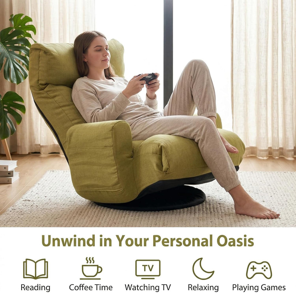 360° Swivel Floor Gaming Chair Linen Folding Chaise Lounge Chair Adjustable Comfy Sofa Chair with Armrests, Phone Holder & Padded Cushion, Ideal for Living Room, Bedroom (Green)
