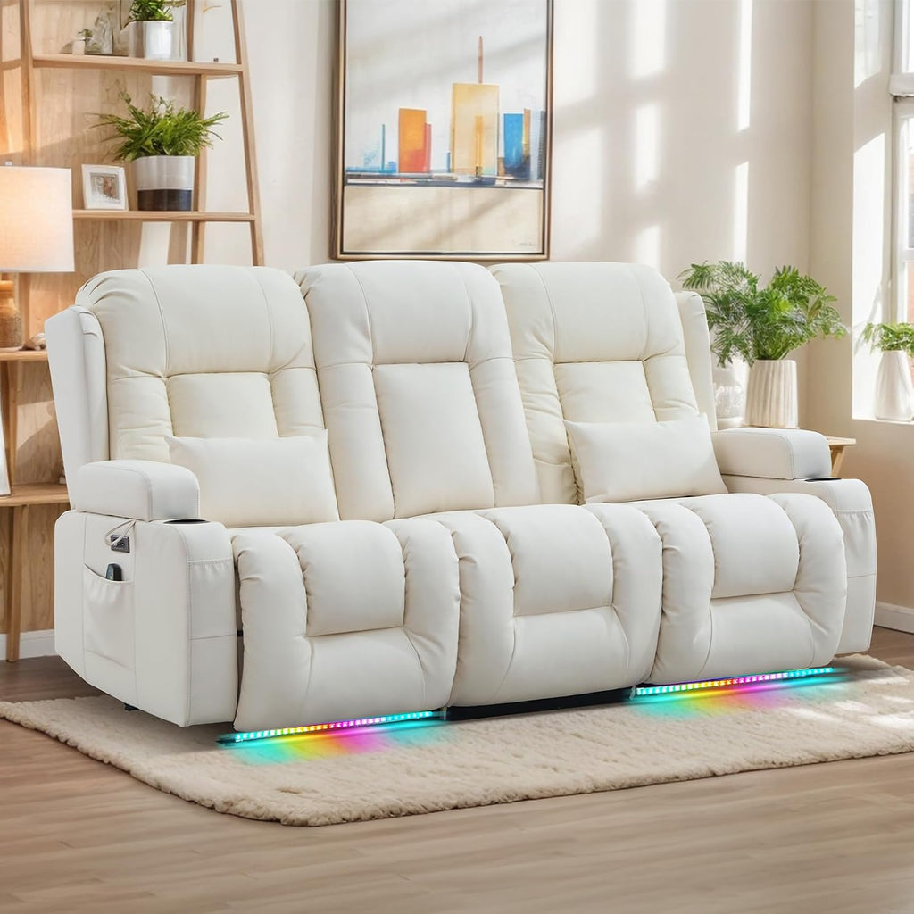 Loveseat Recliner Sofa, Leather Sofa with Massage & Heating, Home Theater Seating Power Reclining Loveseat with Outlet/LED Light/Cup Holders/Lumbar Pillows (Beige, 3 Seat)