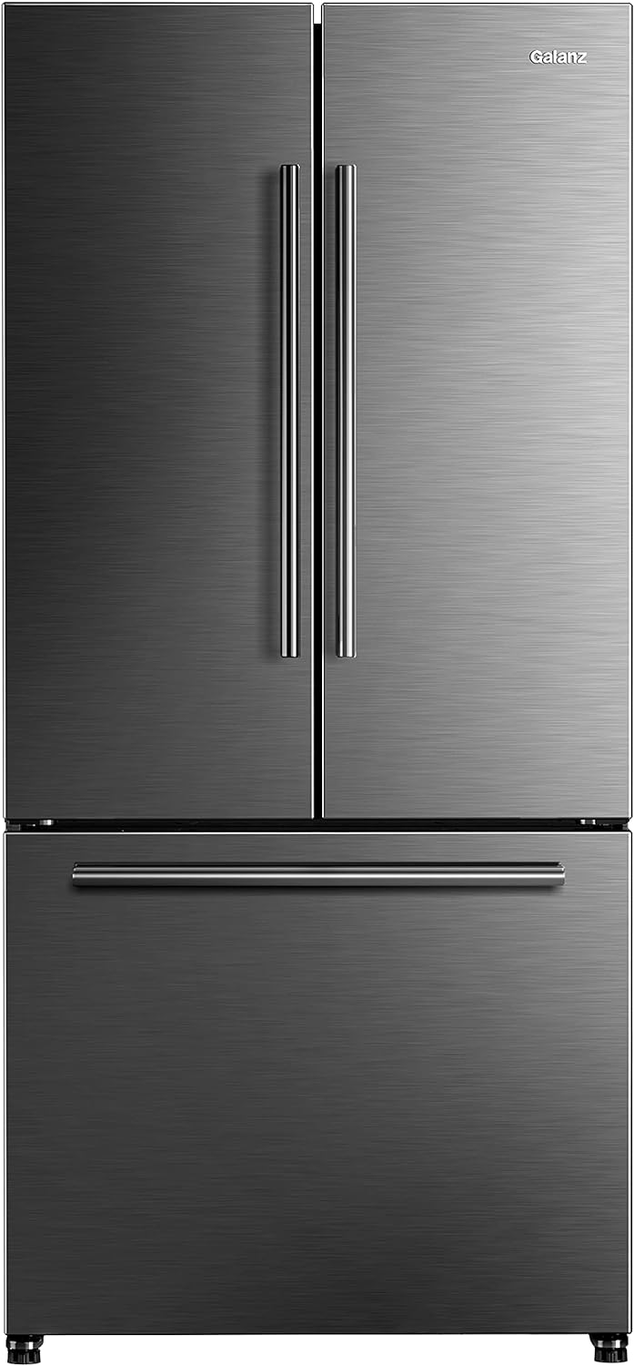 Galanz French Door Refrigerator with Installed Ice Maker and Bottom Freezer, Adjustable Electrical Thermostat Control, Frost Free, Energy Star Certified, Stainless Steel, 18 Cu Ft