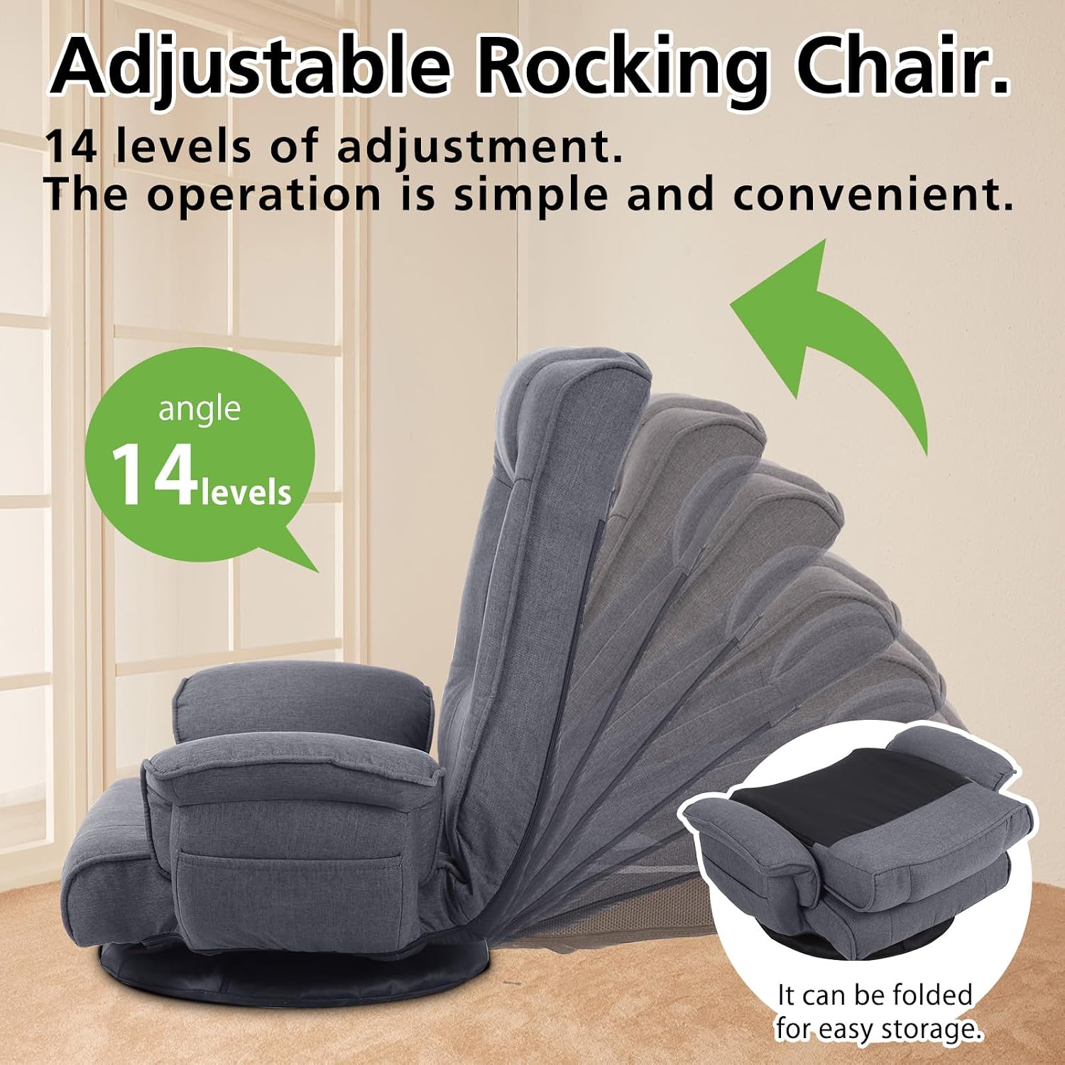 360 Degree Swivle Adjustable Floor Chair, Chaise Lounge Indoor, Folding Lazy Sofa with Armrests and Side Pocket Adults Gaming Chairs for Living Room, Bedroom Factory Price 201 (GR)