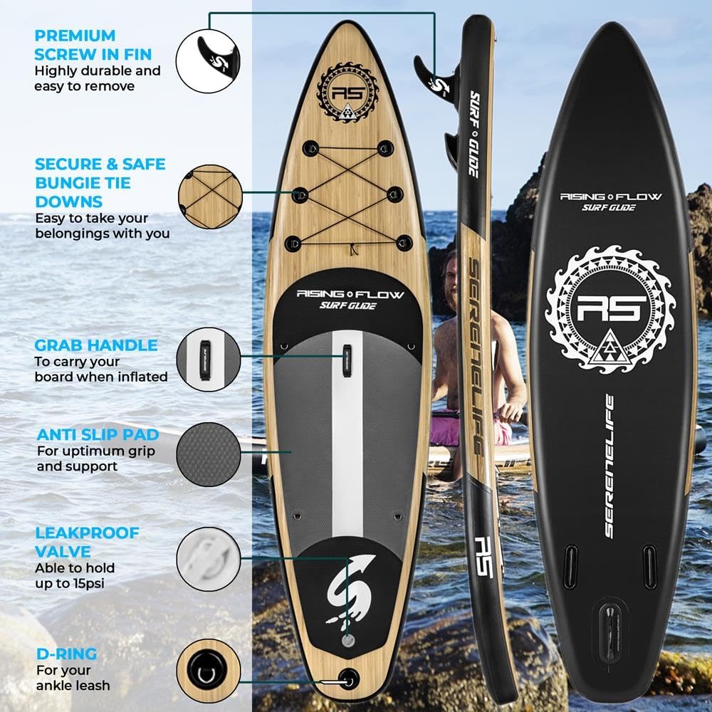 SereneLife Inflatable Stand Up Paddle Board and Detachable Seat - SUP Paddleboard Set for Adults and Youth, 32' Wide Design with Non-Slip EVA Deck Pad and Marine-Grade Materials, 350 lbs Capacity