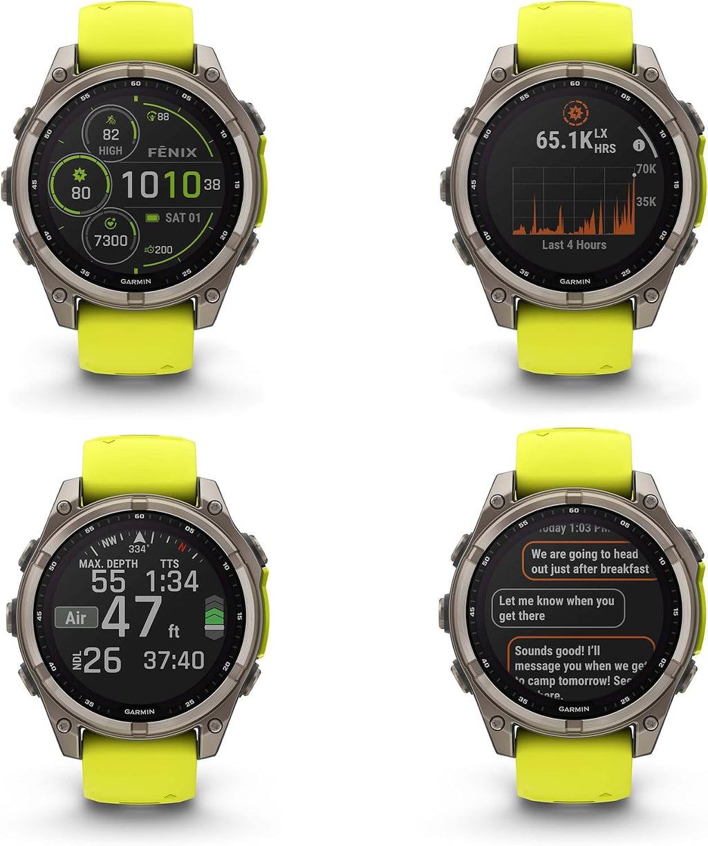 Garmin Fenix 8 47MM Solar Sapphire Multisport GPS Smartwatch Titanium with Amp Yellow Silicone Band, 48 Days Battery Life, Built-in LED Flashlight, Health & Fitness Smart Watch Bundle for Men & Women