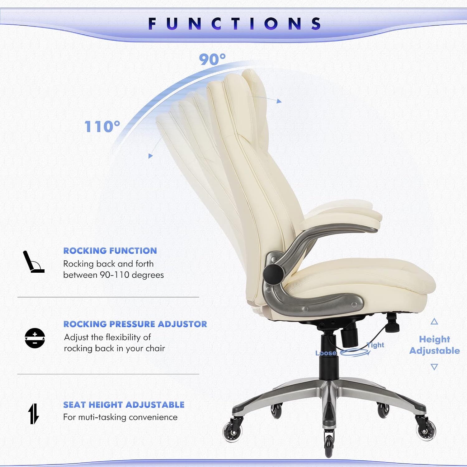 Executive Office Chair-Ergonomic Computer Desk Chair with Upgraded Caster for Swivel, High Back Office Chair with Padded Flip-up Arms,Leather Chair Thicken Seat for Comfort