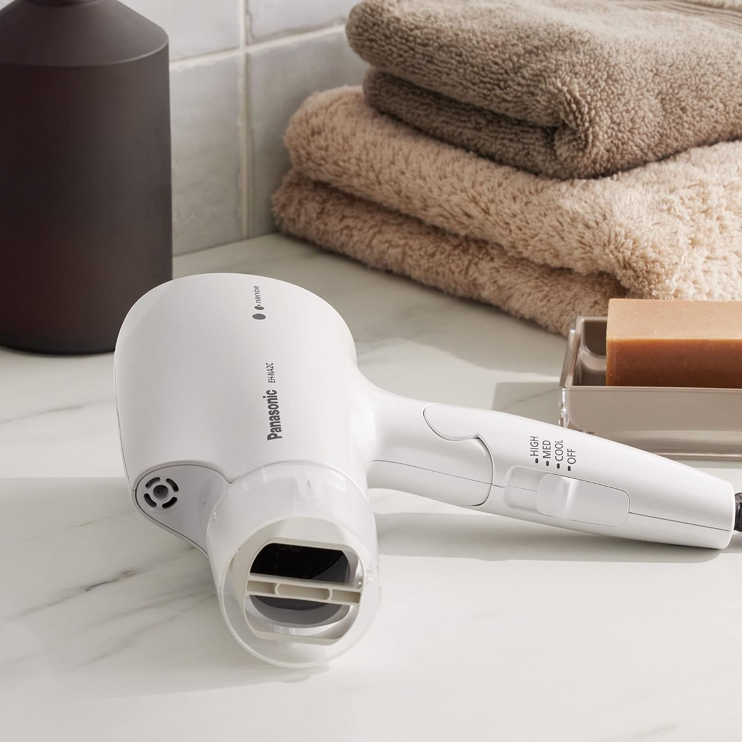 Panasonic nanoe Compact Hair Dryer EH-NA2C-W (White) - Japanese Nanoe Techonology, Foldable Travel Blow Dryer with Oscillating Quick Dry Nozzle, 1400W Lightweight Portable Hair Dryer, Anti-Frizz
