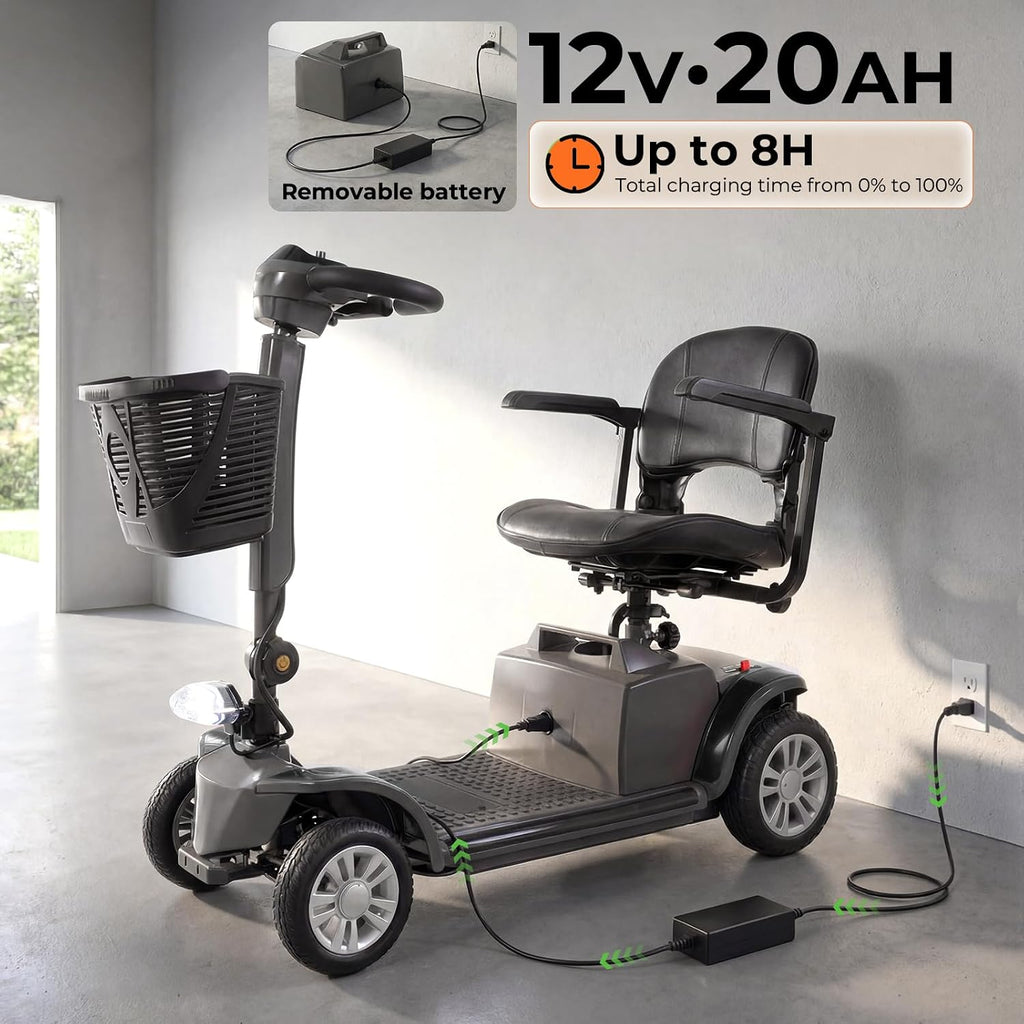 Mobility Scooter for Adults Senior,4 Wheels Electric Powered Scooter,Lightweight Mobility Scooter,with LED Headlights and Basket,Charger Included, Detachable Battery and Rotatable Seat (Grey-Black)