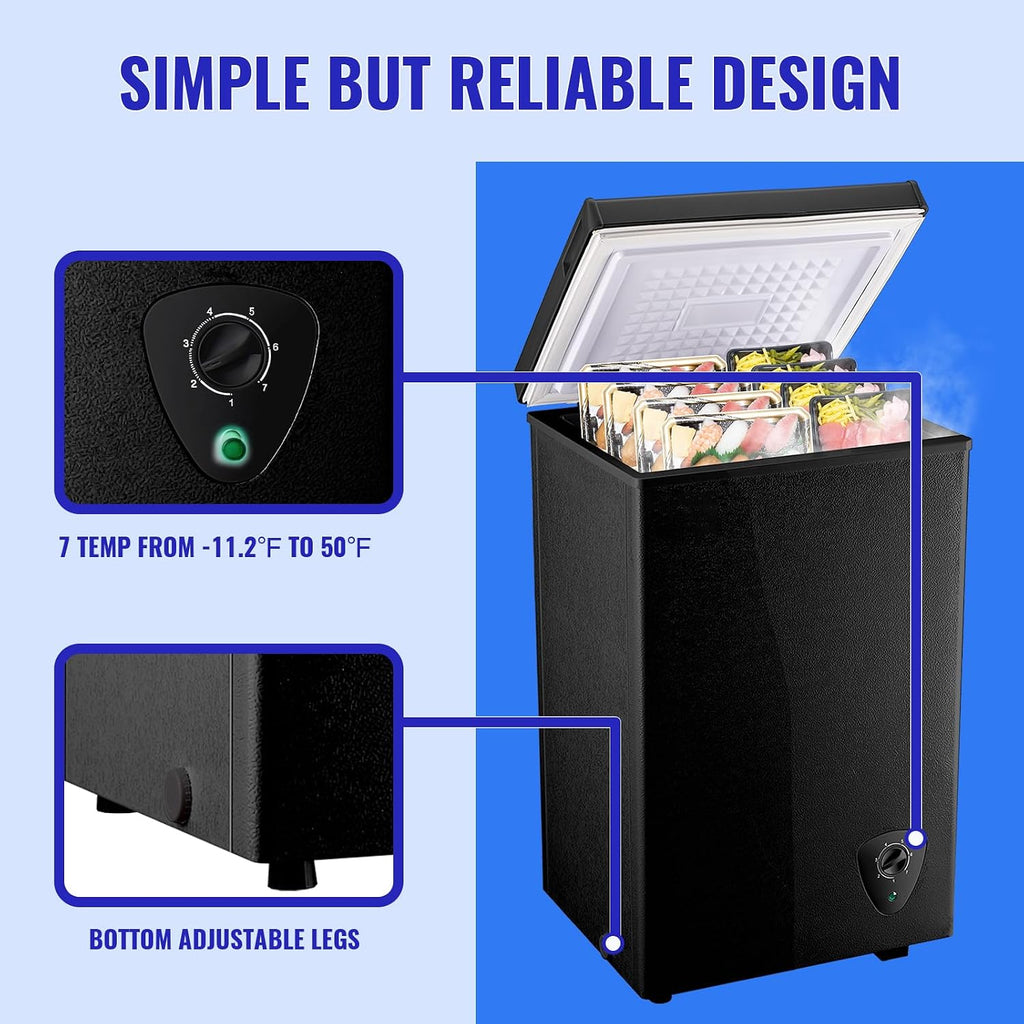 WANAI Chest Freezer Deep Mini Freezer with Compact Capacity Fast Freezing Freezers for Home Office Dorm with 2 Removable Basket Adjustable Feet, 7 Temp Control from -11.2 ℉ to 50 ℉ Black