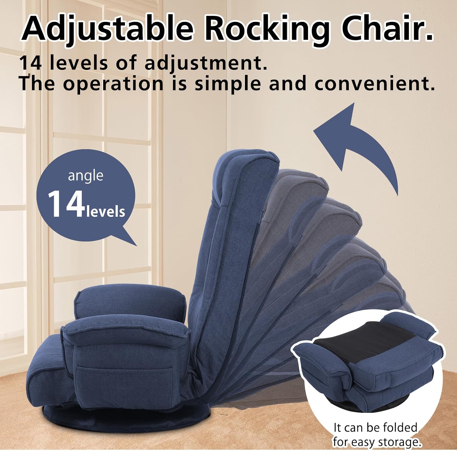 360 Degree Swivle Adjustable Floor Chair, Chaise Lounge Indoor, Folding Lazy Sofa with Armrests and Side Pocket Adults Gaming Chairs for Living Room, Bedroom Factory Price 201 (BL)