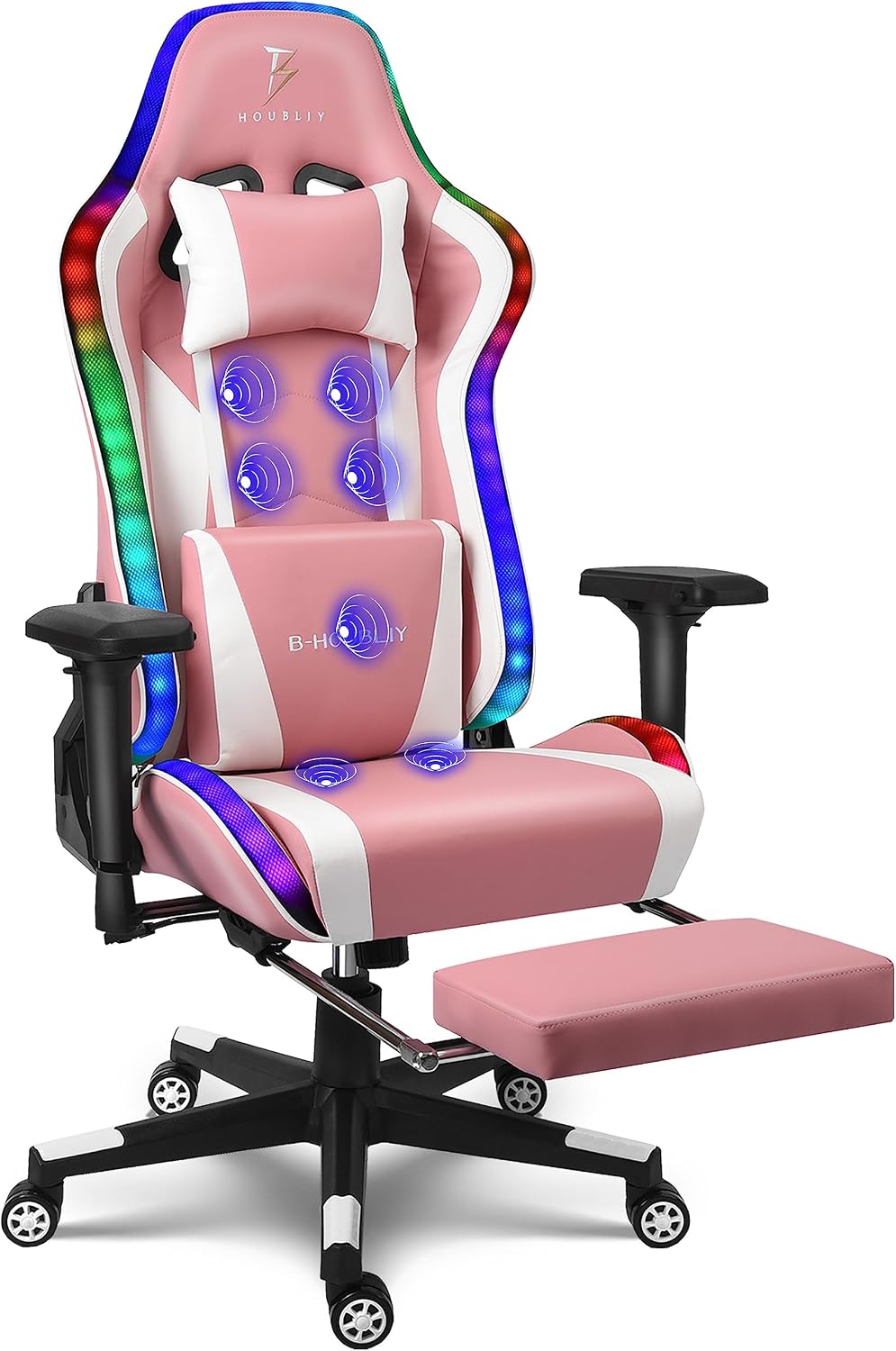 Gaming Chair with Speakers, Ergonomic Massage PC Chair, Comfortable Computer Recliner with Footrest and Adjustable Lumbar Support, Video Gaming Chair for Adult Kids.,Pink