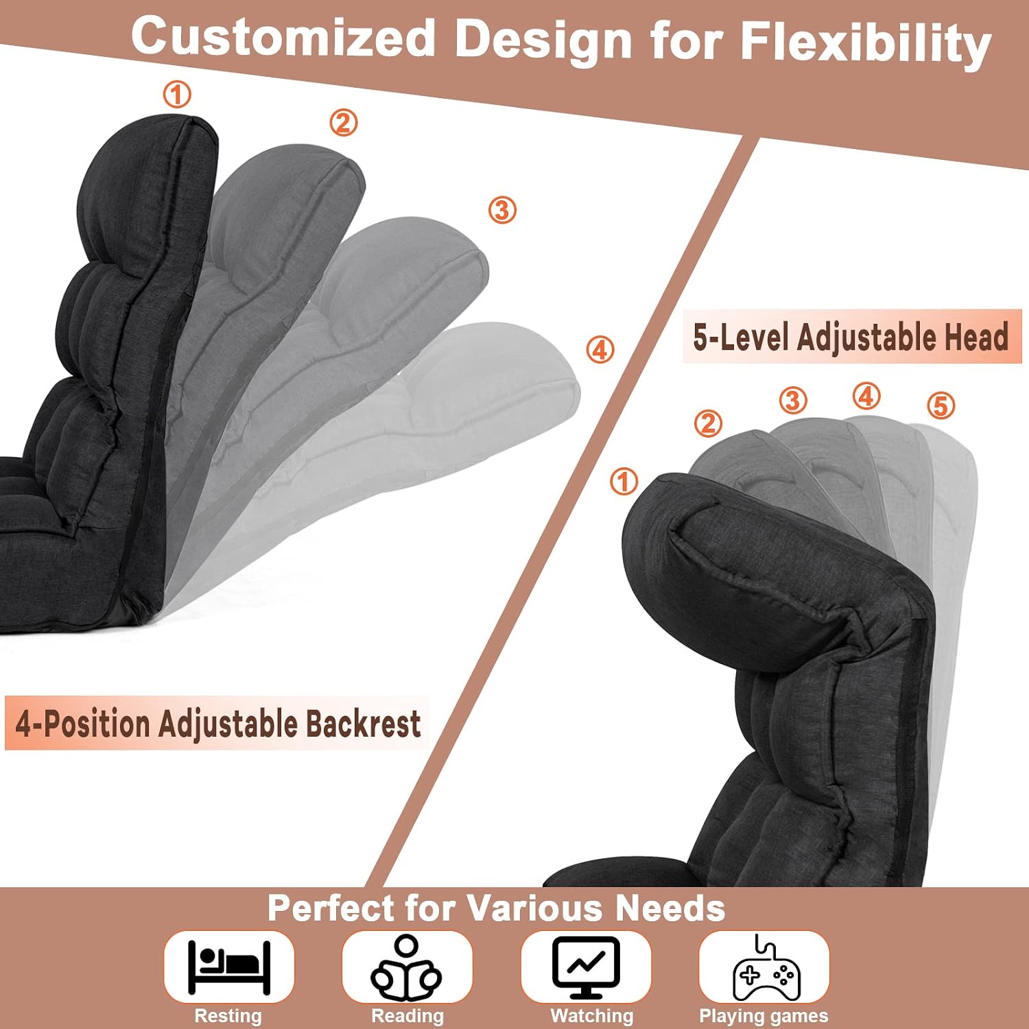 MAT EXPERT Folding Floor Chair, Floor Gaming Chair w/ 4-Position Backrest, 5-Position Adjustable Headrest, Side Pocket, Indoor Floor Chair w/Back Support for Bedroom, Living Room (Black)