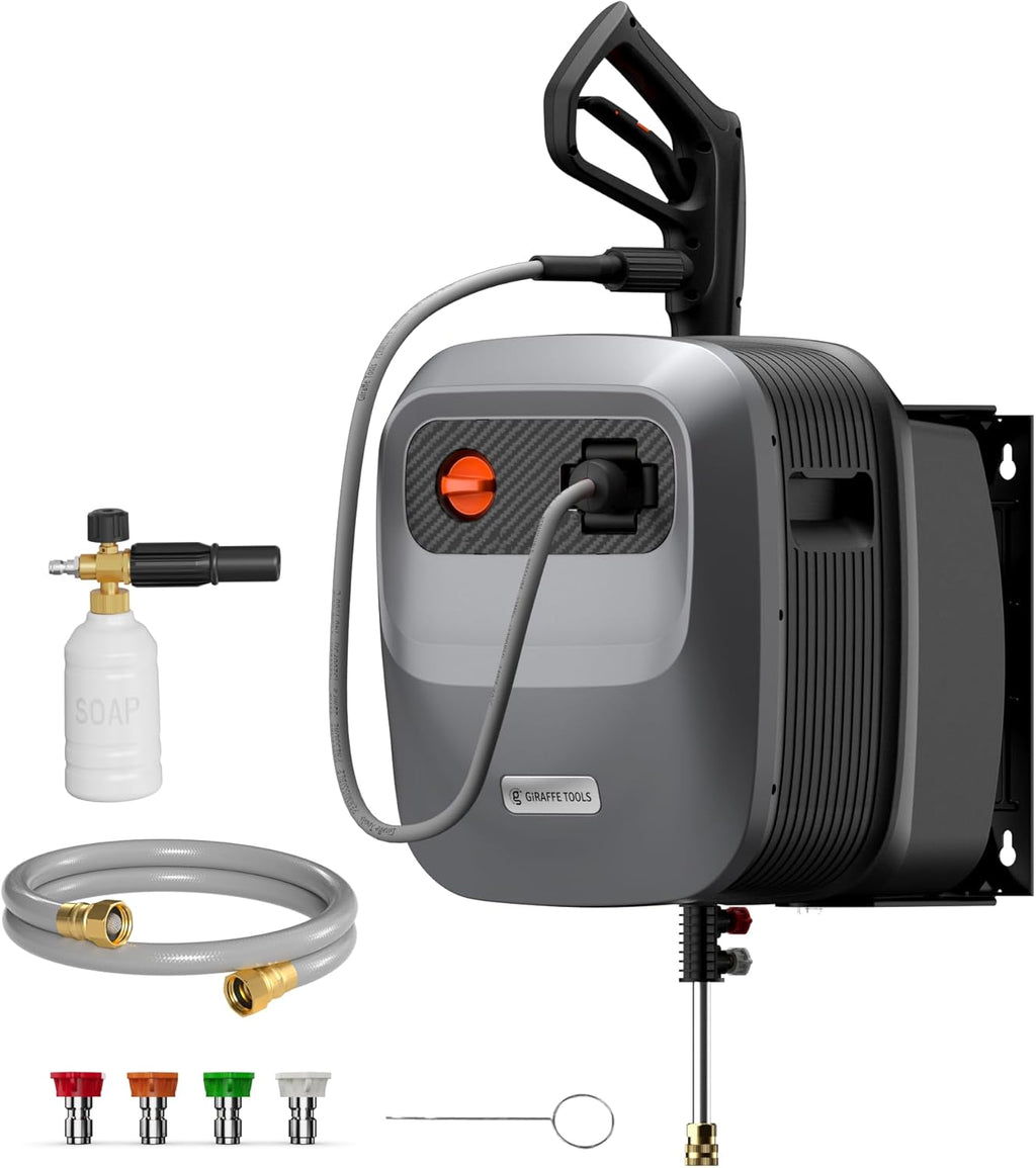 Giraffe Tools Grandfalls Retractable Pressure Washer G20, 2500 PSI 2.2 GPM, 180° Wall Mounted Power Washer, Auto-Retract with 65ft Pressure Hoses, 5 Nozzles for Floor/Cars/Fences/Patios, Dark Silver