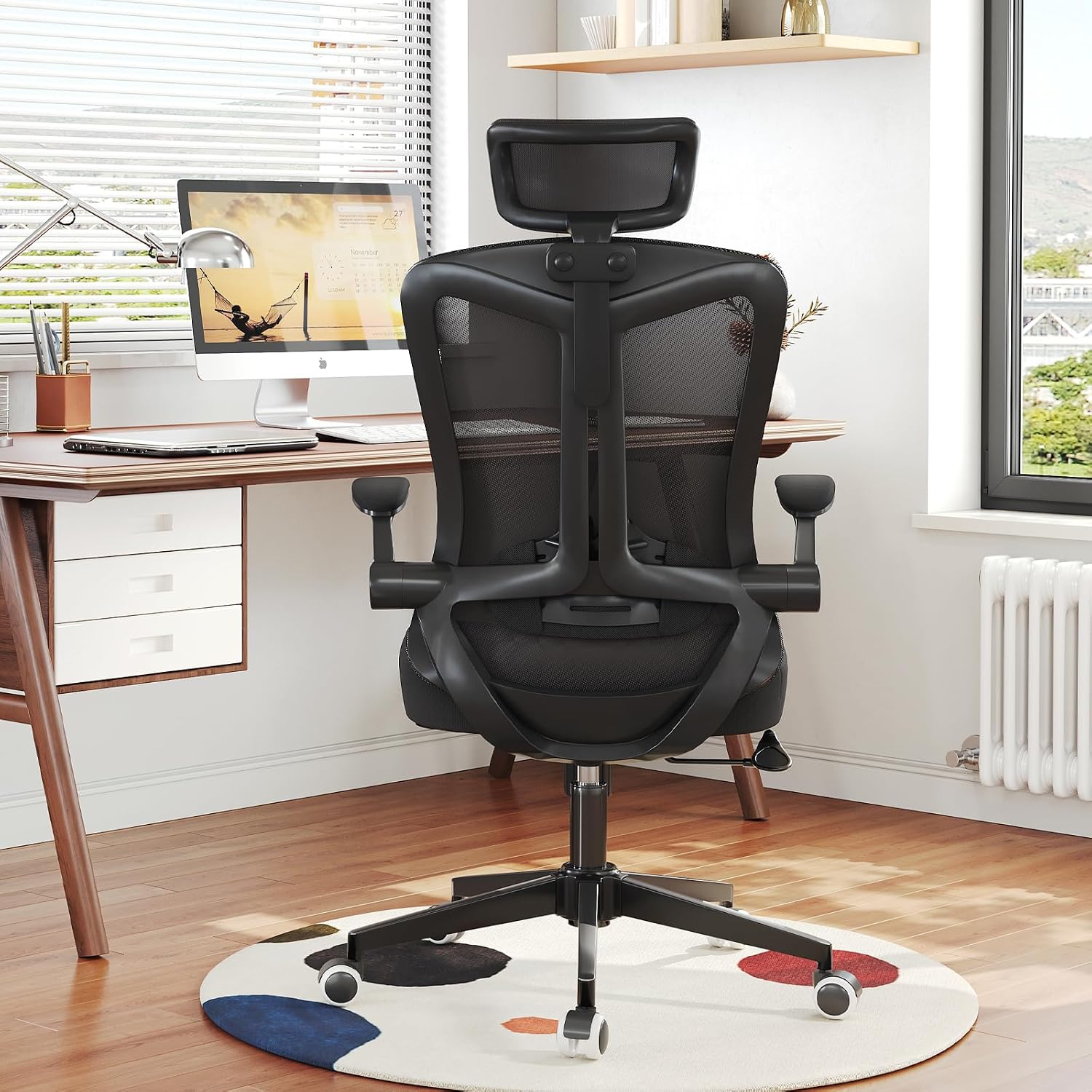 300 LBS Ergonomic Office Computer Mesh Chair - Adjustable Height Rolling Desk Chair with Flip-Up Armrests & High Back Support - Comfortable Swivel Task Chair for Home Office