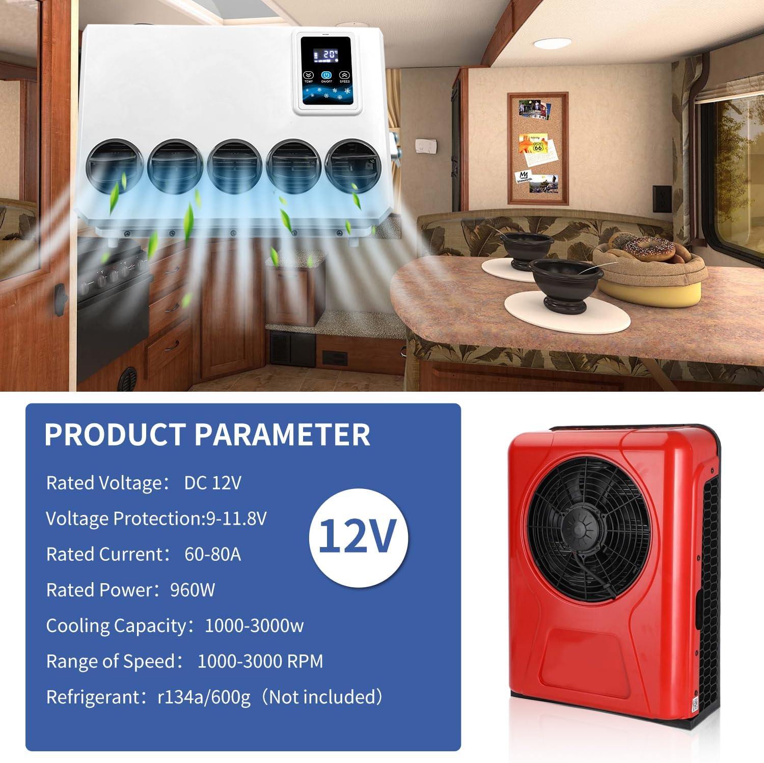 12V Truck Air Conditioner 10000BTU Split Electric AC Unit 12 volt Fit for RVs Motorhome Bus Trailers Tractors Camper Van Parking Air Conditioning Fast Cooling Low Noise
