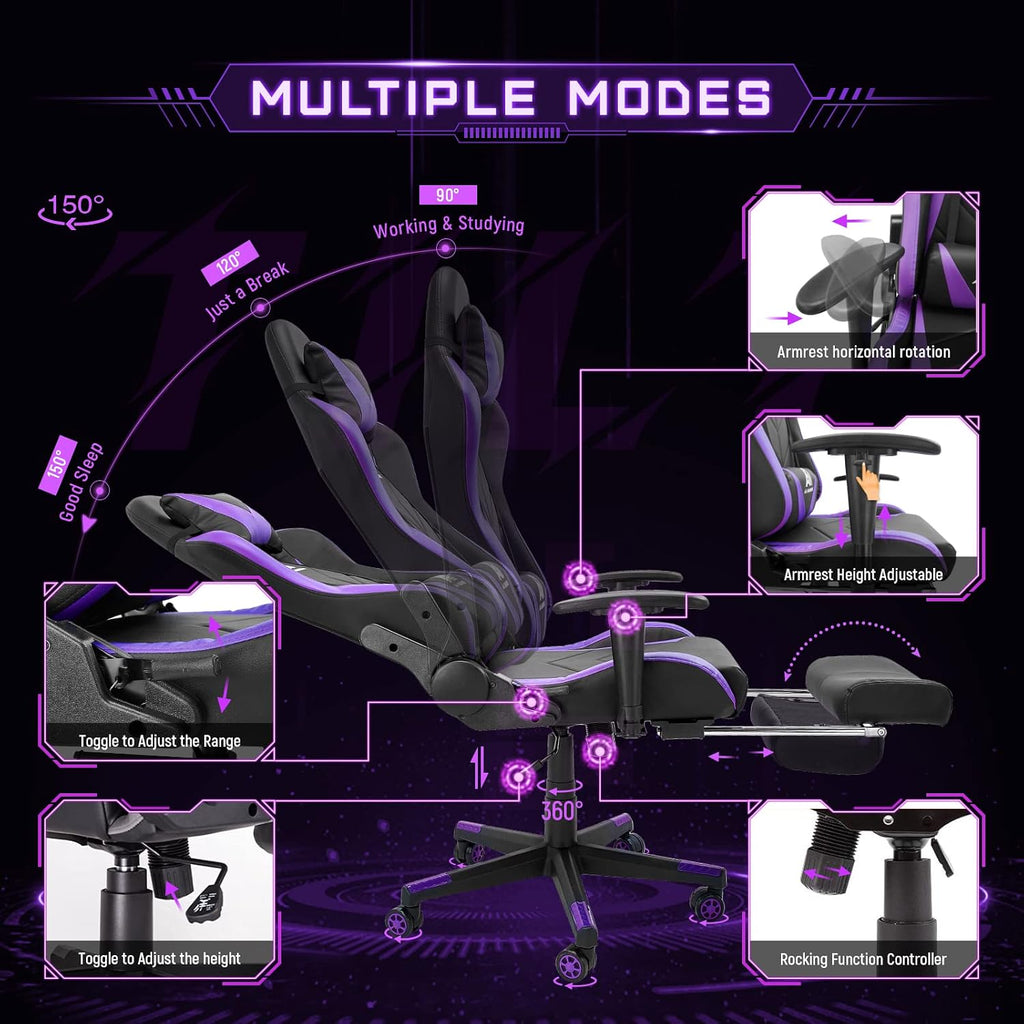 Gaming Chair High Back Ergonomic Computer Racing Chair Adjustable Office Chair with Footrest, Lumbar Support Swivel Chair - Upgraded Version BlackPurple