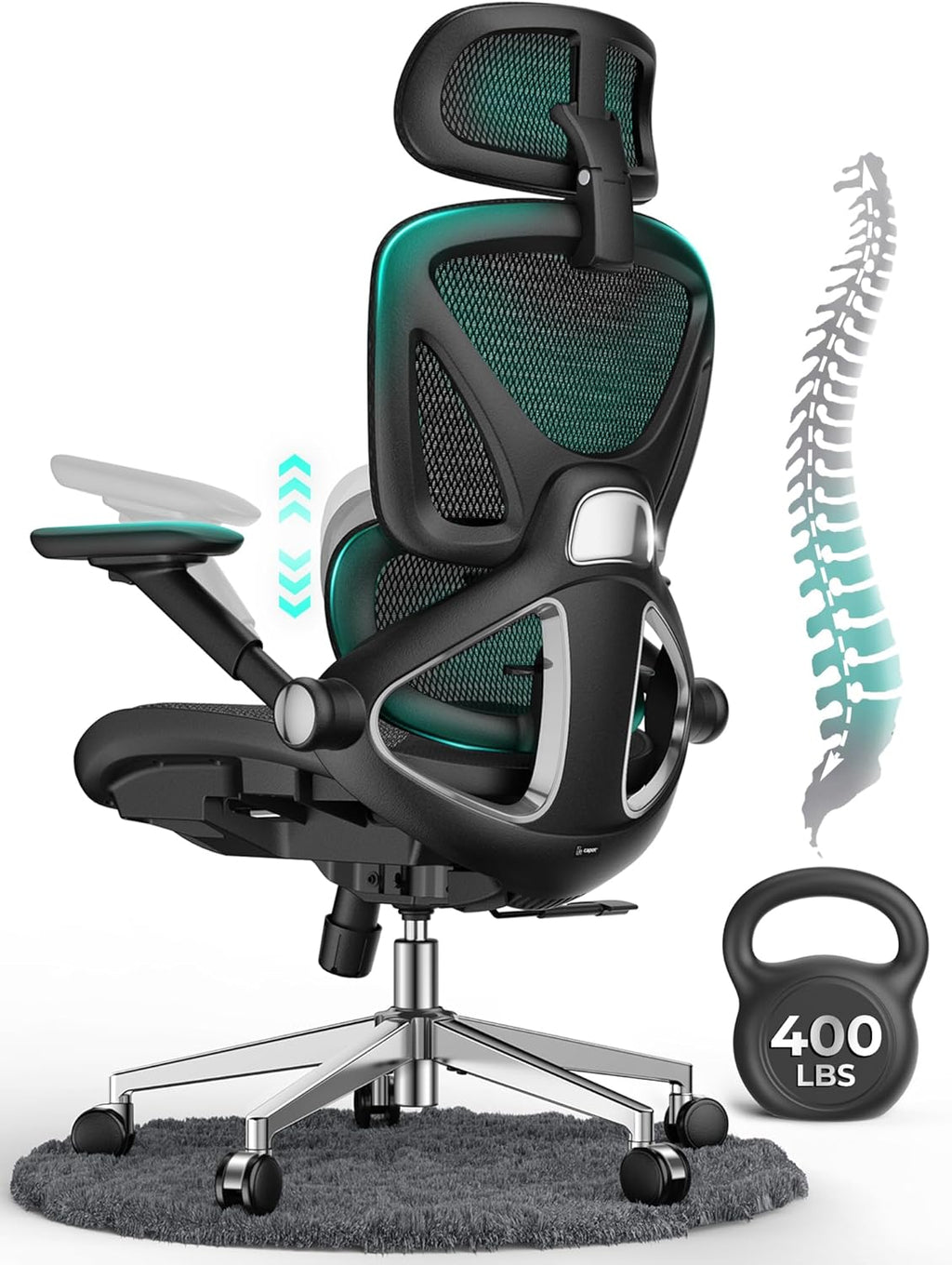 CAPOT Ergonomic Mesh Office Chair, Adjustable Lumbar High Back Desk Chair 400lbs, 4D Flip-up Arms, 3 Tilt Backrest, 3D Headrest, PU Wheels, Swivel Rolling Computer Chair for Long Desk Work - Black